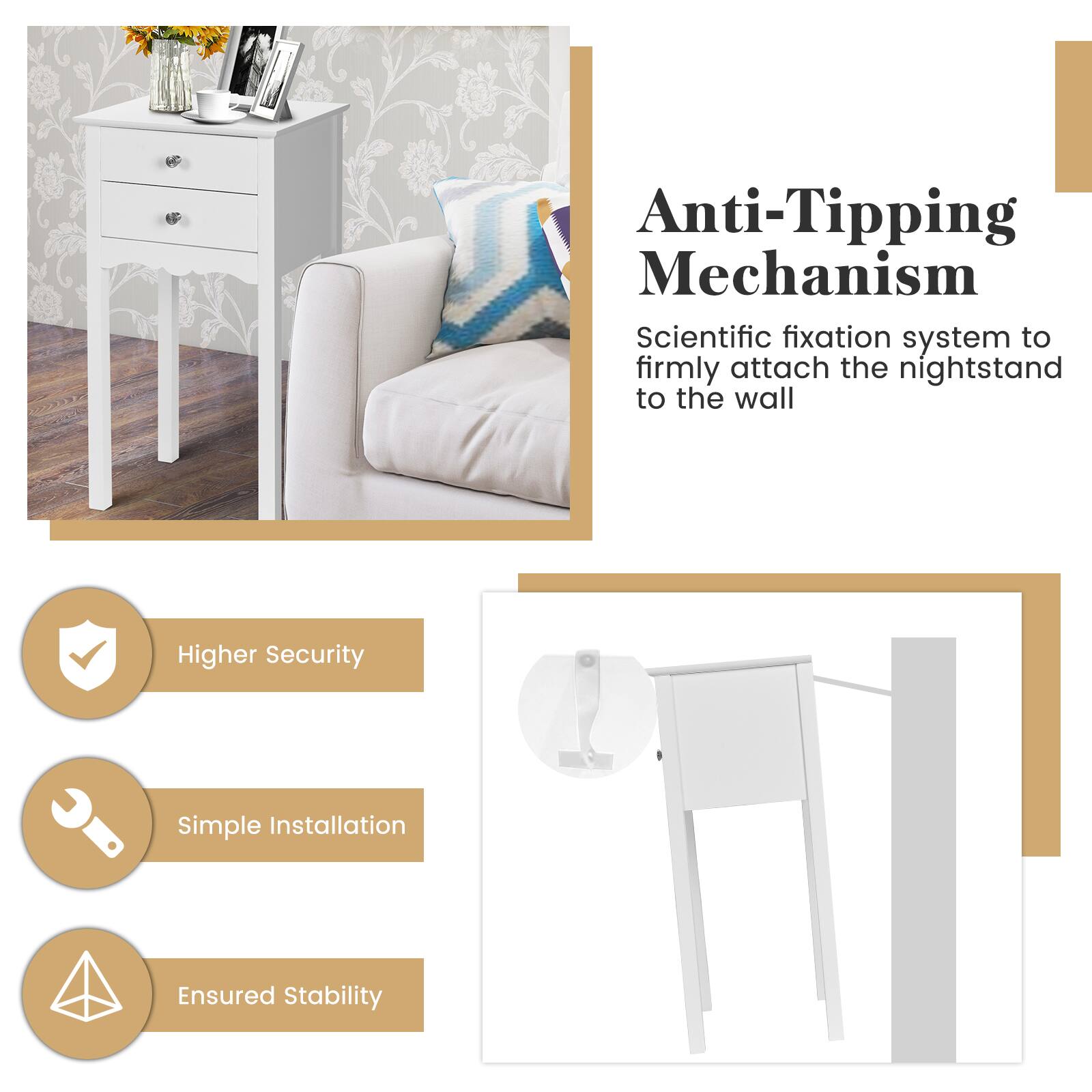 Anti-Tipping Mechanism, Scientific fixation system to firmly attach the nightstand to the wall, Higher Security, Simple Installation, Ensured Stability