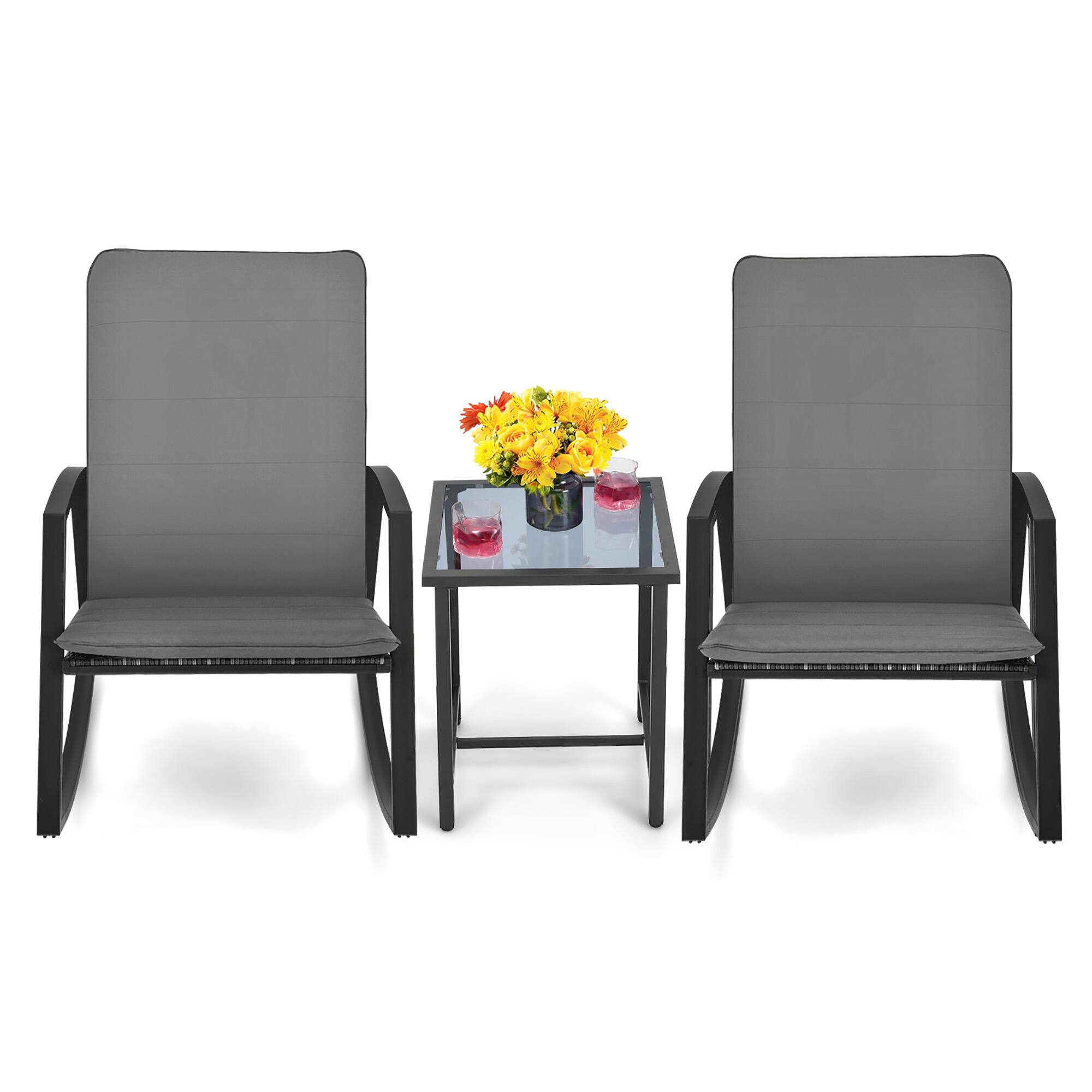 Alt View 9. Gymax - Gymax 3PCS Rattan Bistro Rocking Chair Set Patio Furniture Set w/ Gray Cushions - Gray.