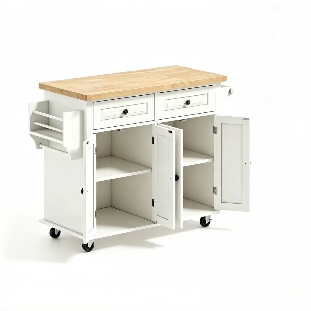 Angle. Whisen - Rolling Kitchen Island Cart with Rubberwood Countertop and Ample Storage Shelves-White - White.