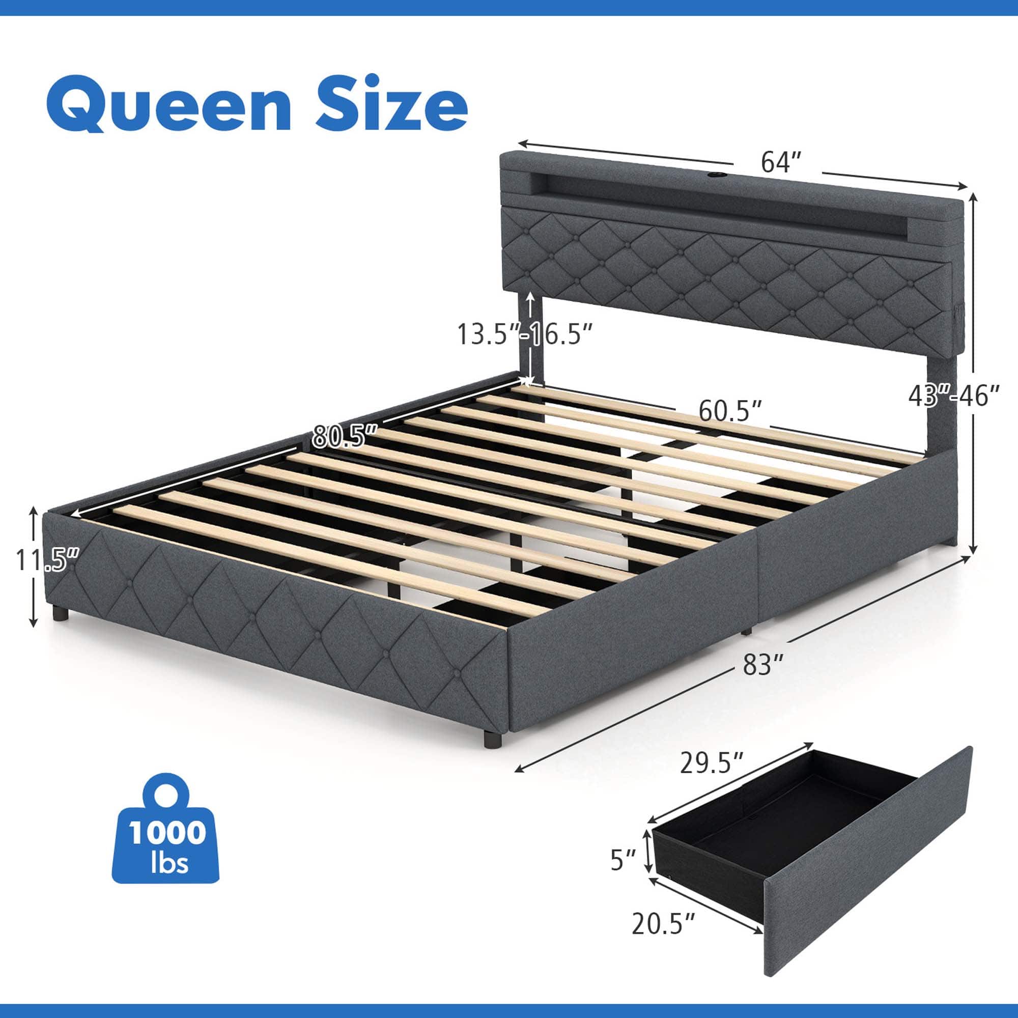 Queen Size 64" 13.5" - 6.5" 80.5" 60.5" 43-46" 11.5" 83" 29.5" 1000 lbs 5" 20.5"