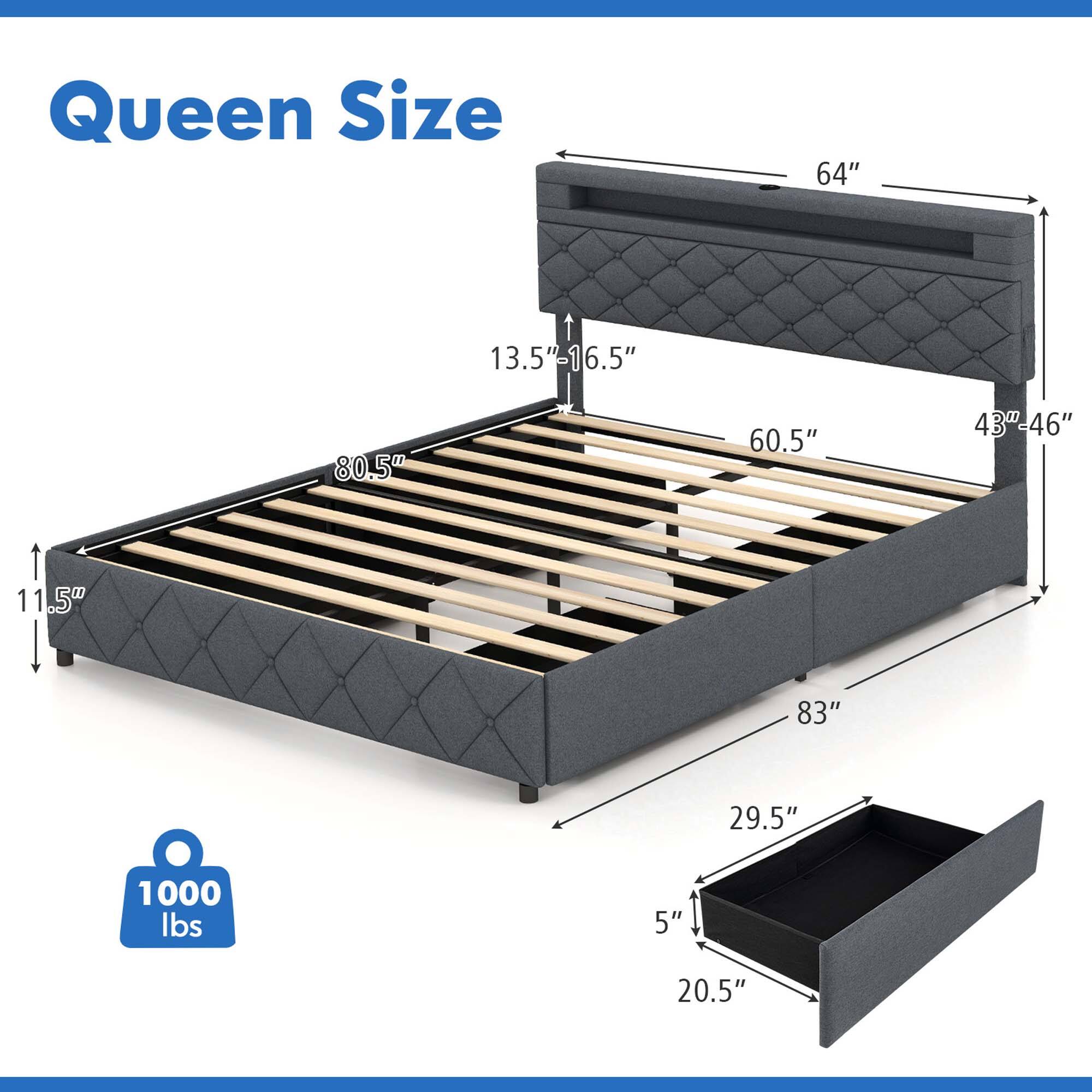 Queen Size 64" 13.5" - 6.5" 80.5" 60.5" 43-46" 11.5" 83" 29.5" 1000 lbs 5" 20.5"