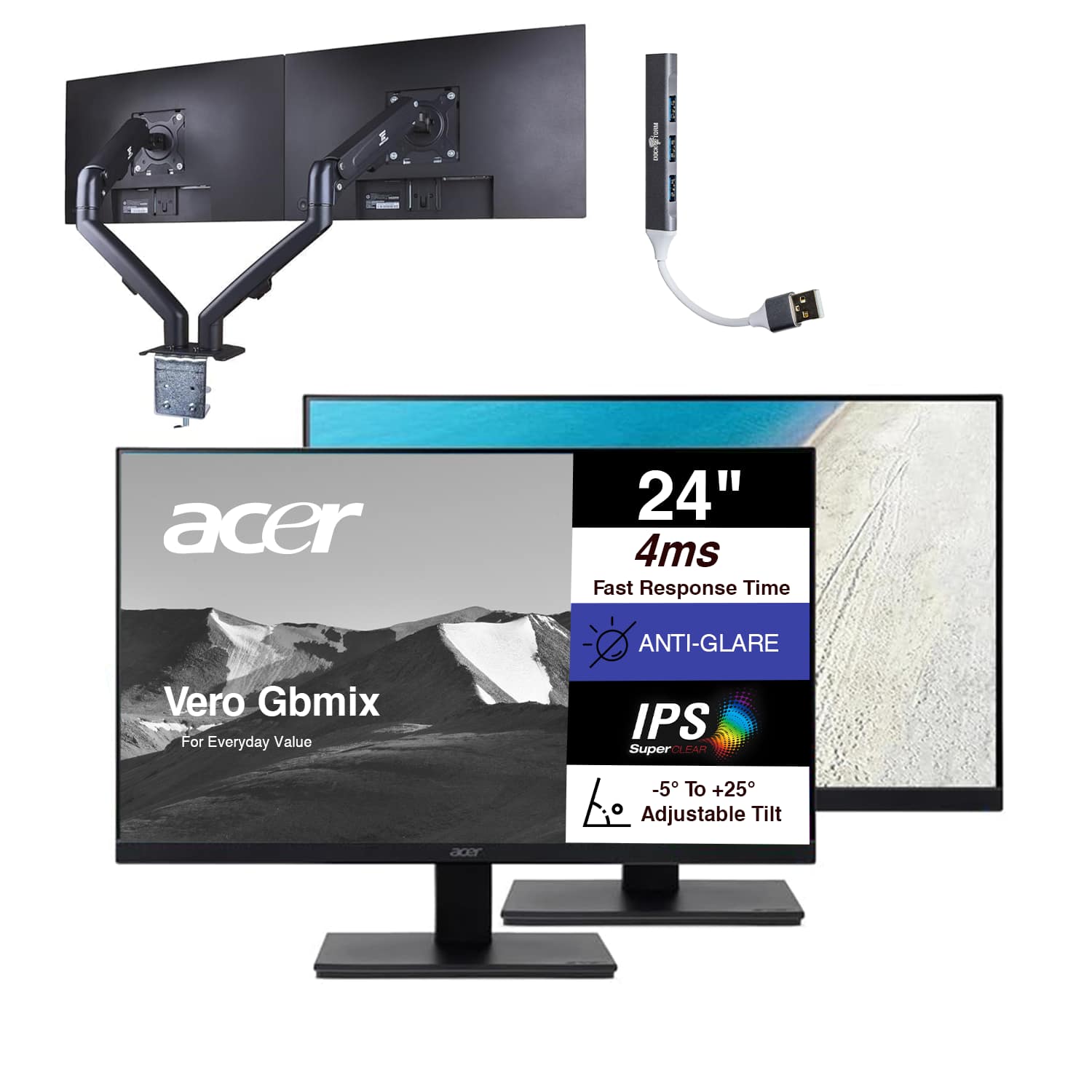 Acer - Vero V247Y Gbmix FHD IPS Monitor, 4ms, VESA Mount w/DKZ Hub (UM.QV7AA.G03) 2 Pack & ErgoFlexy Dual Monitor Mount - Black