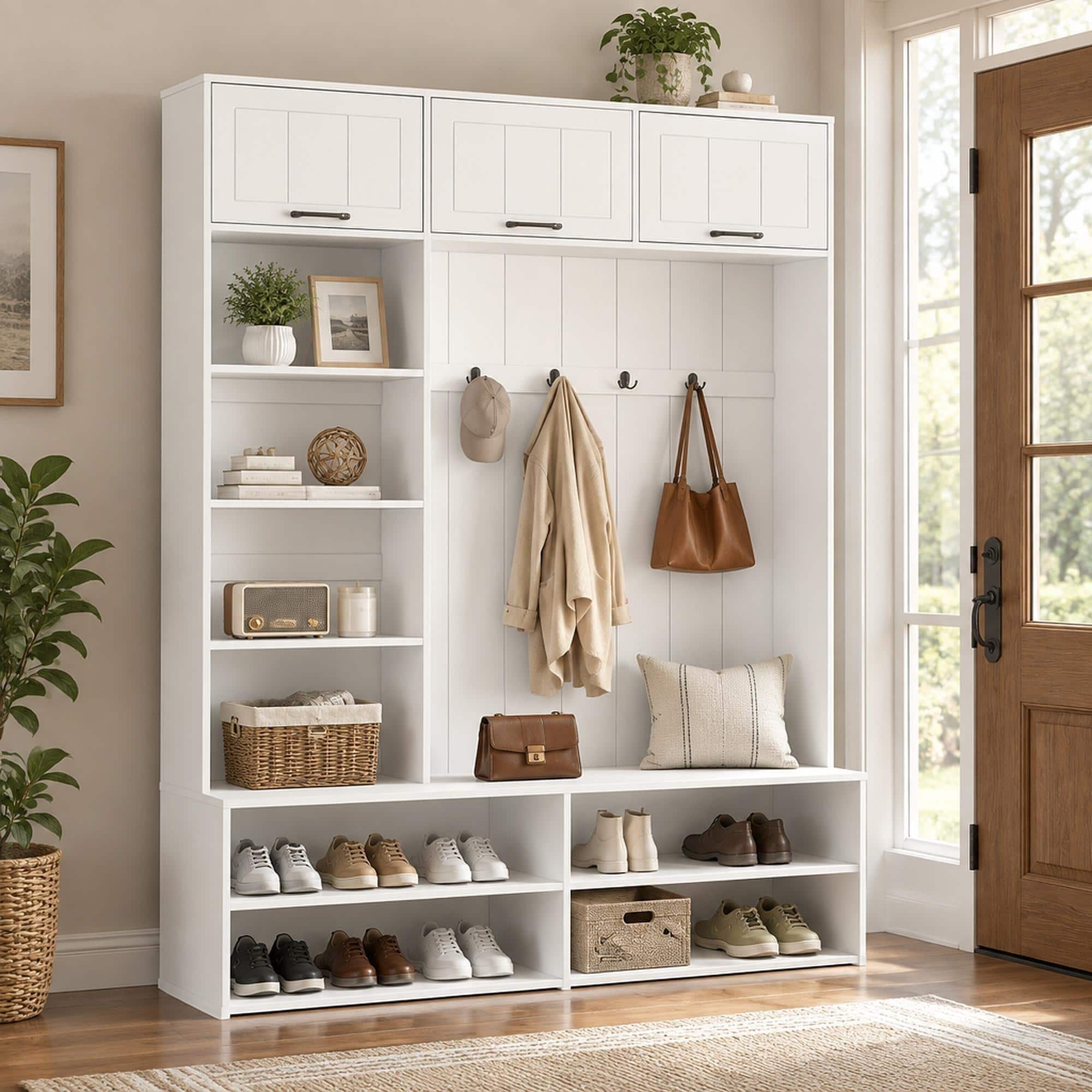 RYHNUYNE - VIBE HAUS 76.9 in Farmhouse Hall Tree, Entryway Bench with Coat Rack, 4 Hooks, 3 Enclosed Compartments - White