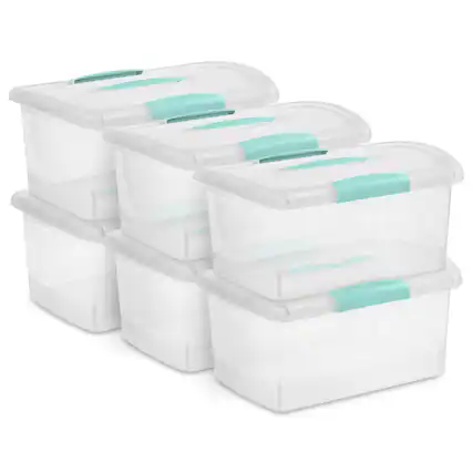 Front. Sterilite - Sterilite 6 Pack Stackable Storage Bin, Latch Lid, Medium Nesting ShowOff, Clear.