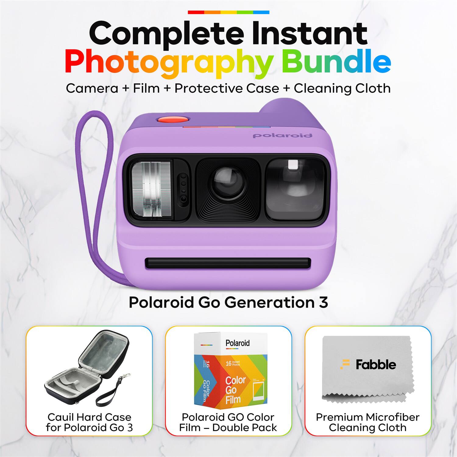 Complete Instant Photography Bundle Camera + Film + Protective Case + Cleaning Cloth

Polaroid Go Generation 3

Cauli Hard Case for Polaroid Go 3

Polaroid GO Color Film - Double Pack

Fabble Premium Microfiber Cleaning Cloth