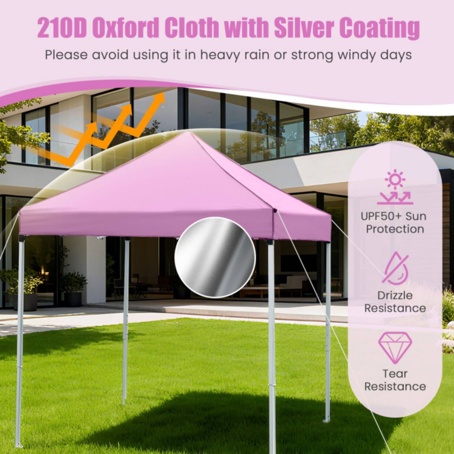 210D Oxford Cloth with Silver Coating  
Please avoid using it in heavy rain or strong windy days  

UPF50+ Sun Protection  
Drizzle Resistance  
Tear Resistance
