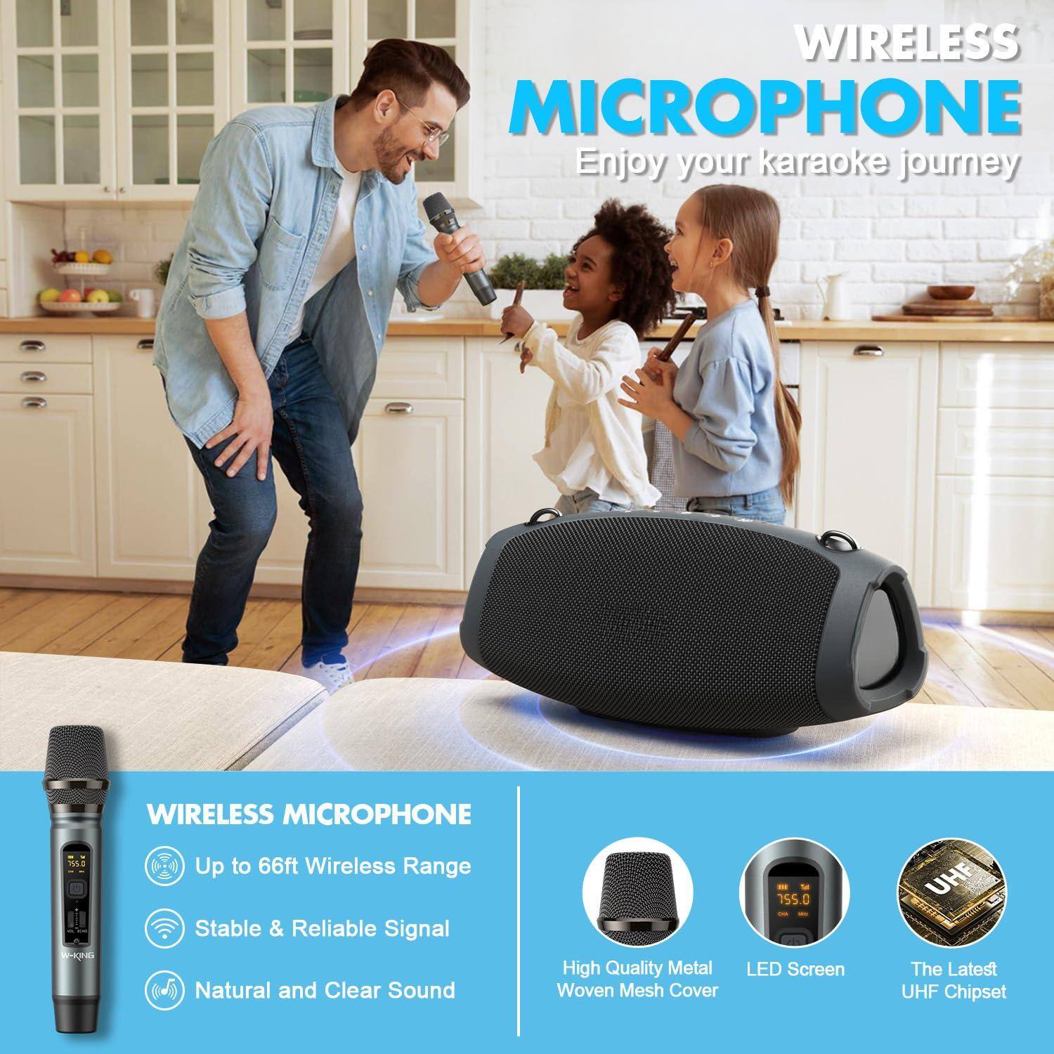 **Wireless Microphone**

Enjoy your karaoke journey

**Wireless Microphone**

- Up to 66ft Wireless Range
- Stable & Reliable Signal
- Natural and Clear Sound

**Features:**

- High Quality Metal Woven Mesh Cover
- LED Screen
- The Latest UHF Chipset