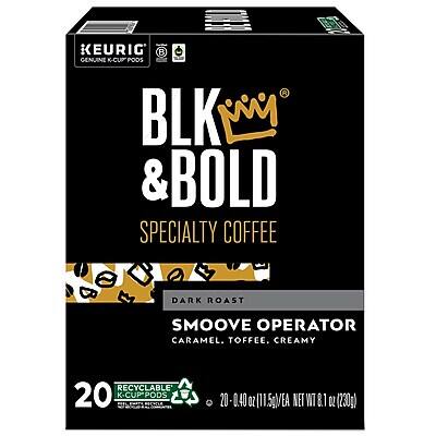 KEURIG  
GENUINE K-CUP PODS  

BLK & BOLD  
SPECIALTY COFFEE  

DARK ROAST  
SMOOVE OPERATOR  
CARAMEL, TOFFEE, CREAMY  

20 K-CUP PODS  
RECYCLABLE  

0.40 OZ (11.5g) PER POD  
NET WT 8.1 OZ (230g)