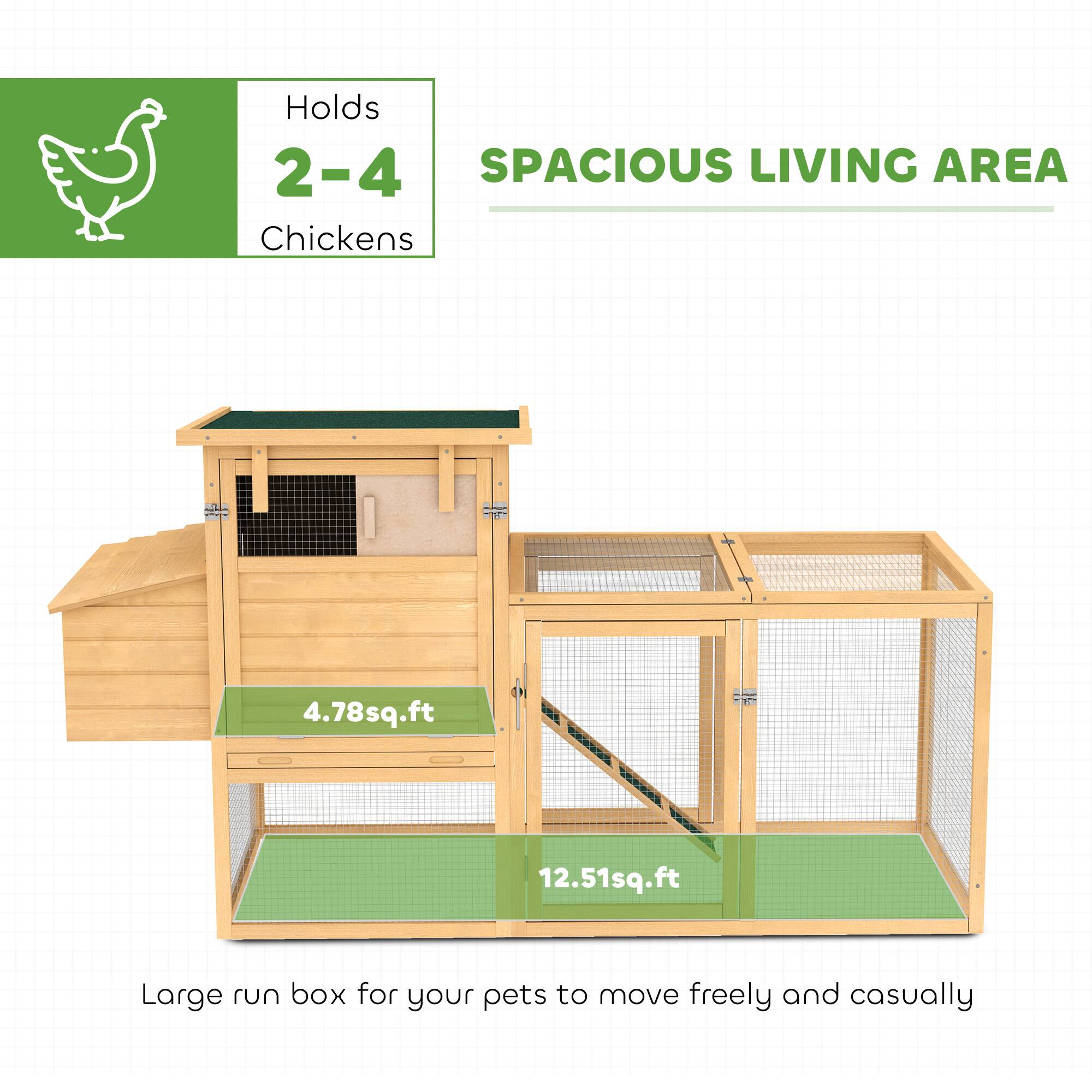 Holds 2-4 Chickens

SPACIOUS LIVING AREA

4.78 sq.ft

12.51 sq.ft

Large run box for your pets to move freely and casually