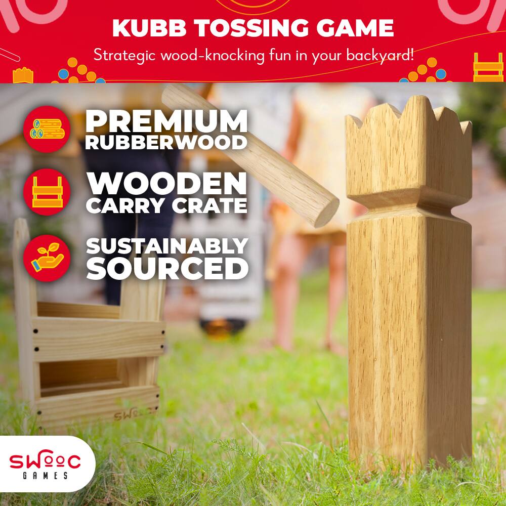 KUBB TOSSING GAME  
Strategic wood-knocking fun in your backyard!

PREMIUM RUBBERWOOD  
WOODEN CARRY CRATE  
SUSTAINABLY SOURCED

SWOEC GAMES