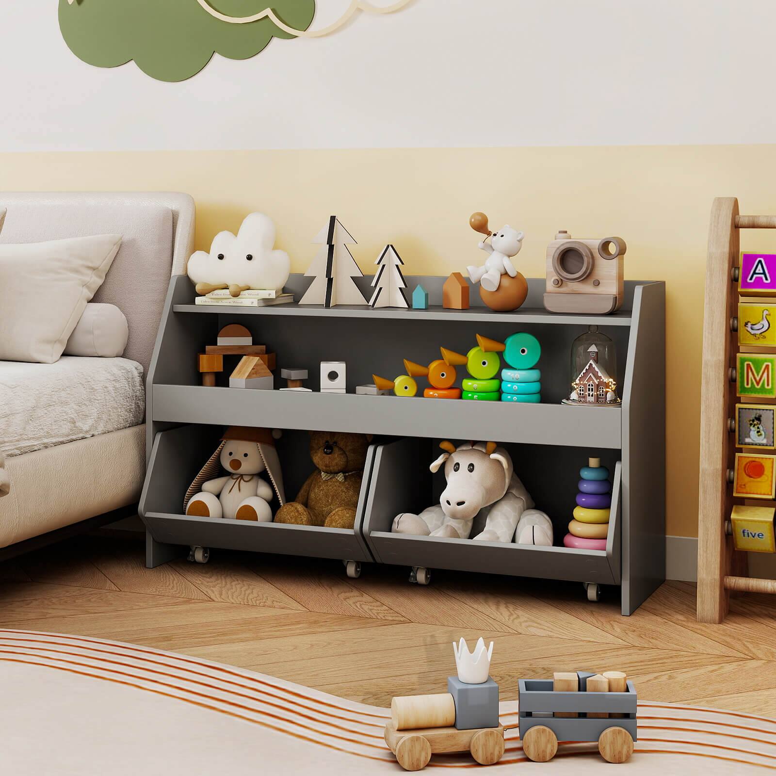 Alt View 1. Costway - Costway Kids Toy Storage Organizer with 2 Movable Drawers Open Shelf Compartment for Kids - Gray.