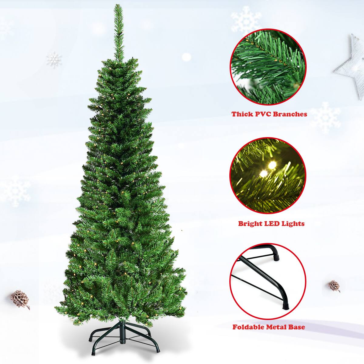 The text on the image reads: Thick PVC Branches Bright LED Lights Foldable Metal Base.