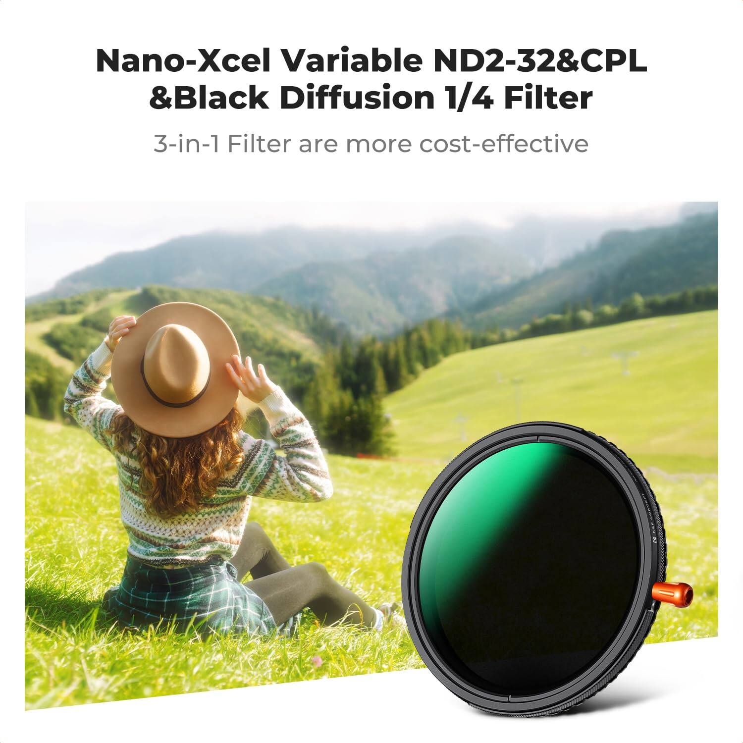 Nano-Xcel Variable ND2-32 & CPL & Black Diffusion 1/4 Filter  
3-in-1 Filter are more cost-effective