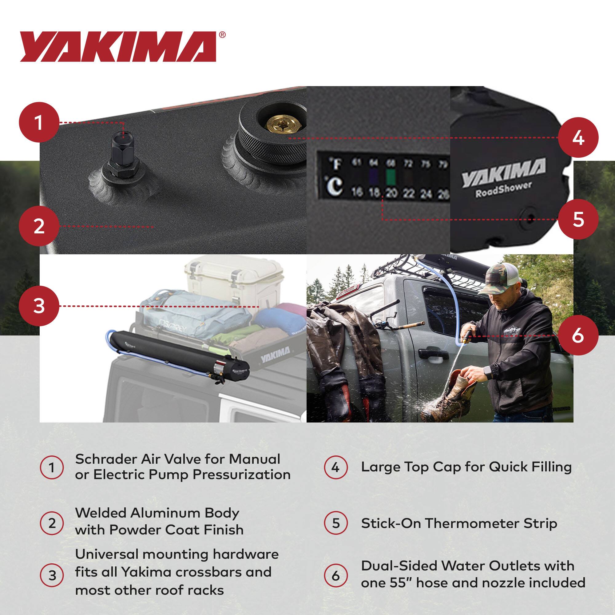 1. Schrader Air Valve for Manual or Electric Pump Pressurization  
2. Welded Aluminum Body with Powder Coat Finish  
3. Universal mounting hardware fits all Yakima crossbars and most other roof racks  
4. Large Top Cap for Quick Filling  
5. Stick-On Thermometer Strip  
6. Dual-Sided Water Outlets with one 55" hose and nozzle included
