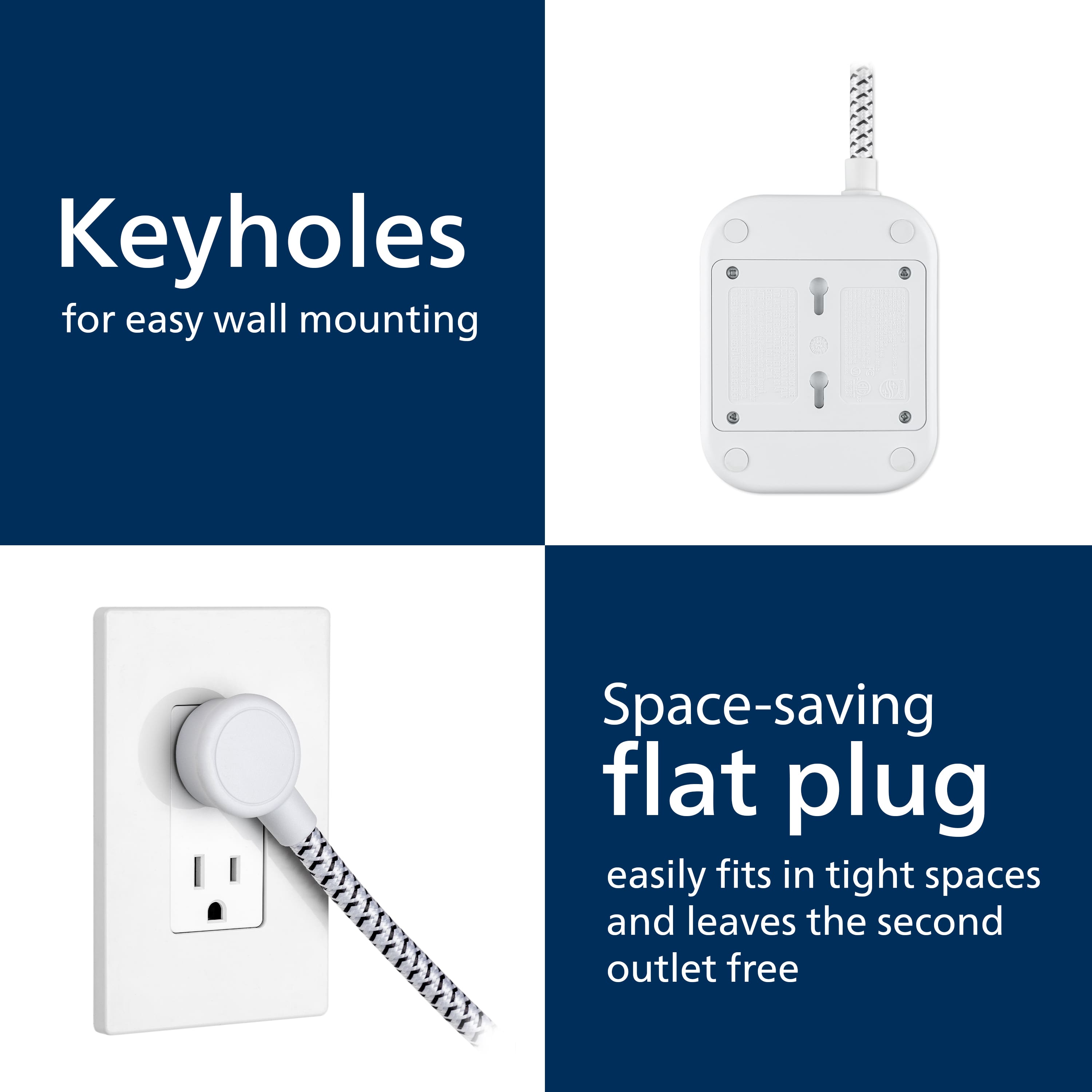 Keyholes for easy wall mounting Space-saving flat plug easily fits in tight spaces and leaves the second outlet free