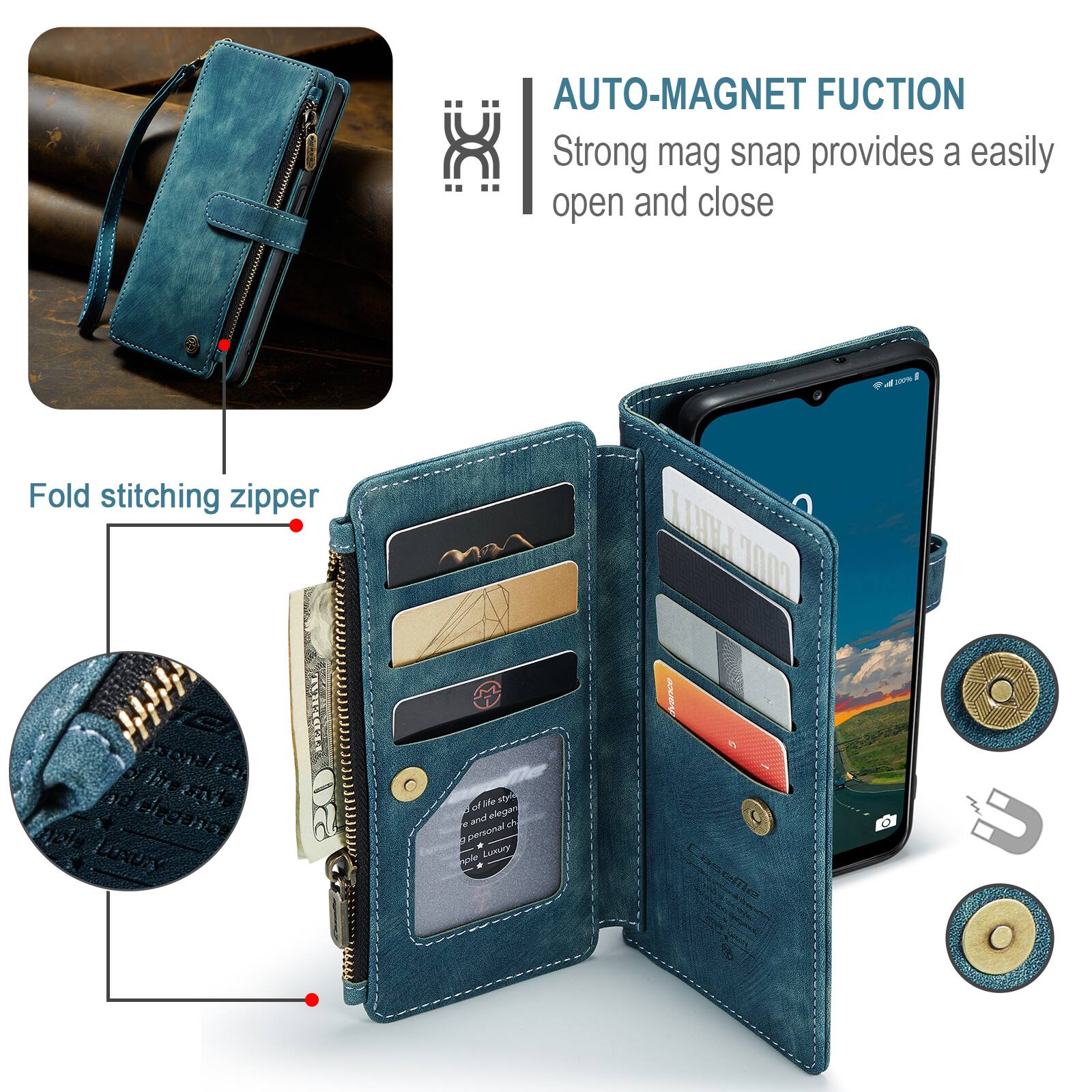 AUTO-MAGNET FUNCTION  
Strong mag snap provides a easily open and close  

Fold stitching zipper  

VEDEIAL D usonale  
Ih aN nd E 20 nol elegano LUSUTY  
Ade of and alegin d La personal * LULPY 1o PALRITY O aKe CaseMe D U