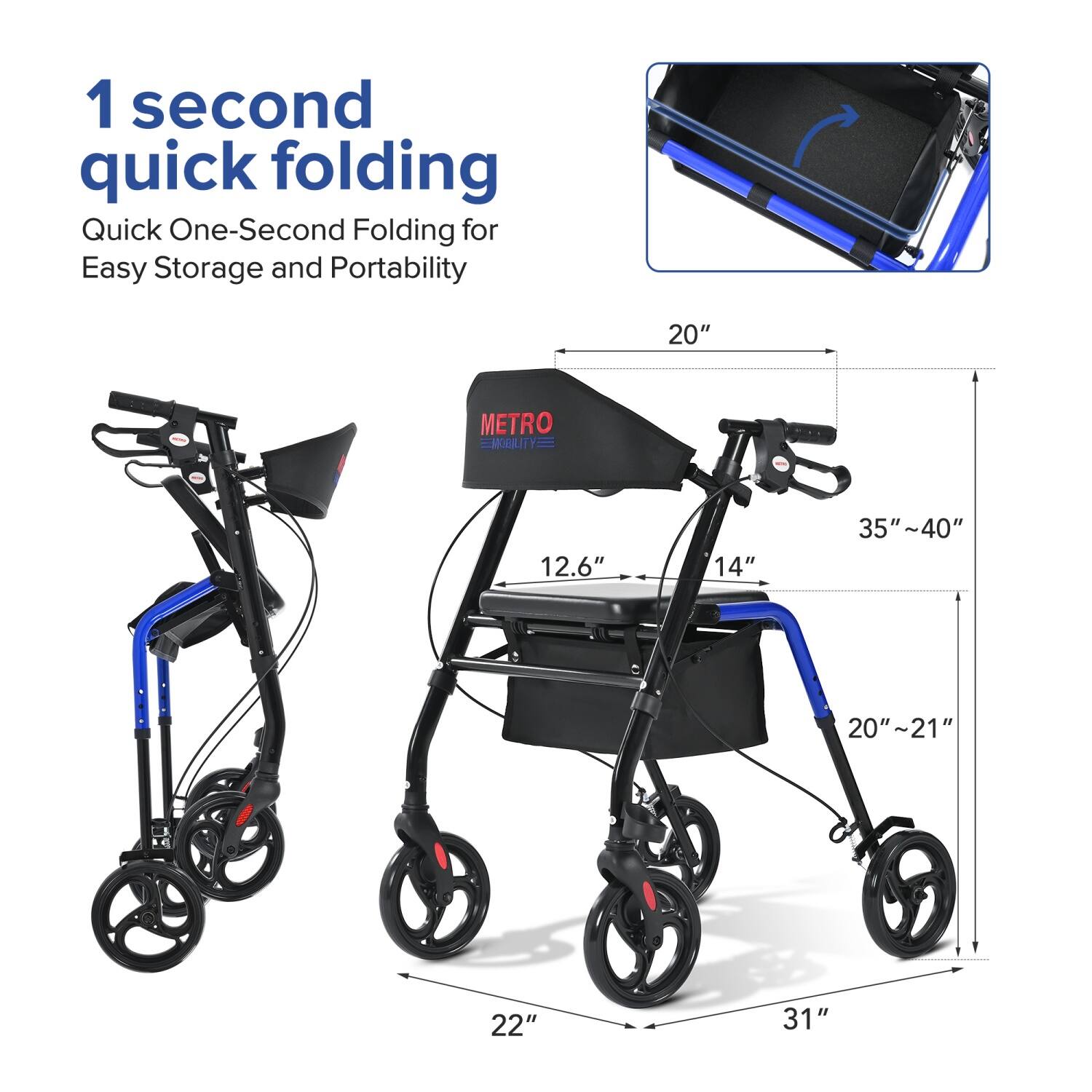 1 second quick folding  
Quick One-Second Folding for Easy Storage and Portability  

20"  
12.6"  
14"  
35"~40"  
20"~21"  
22"  
31"