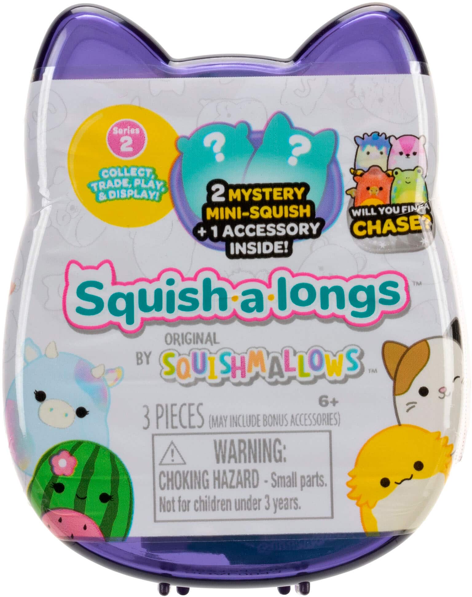 Series 2? Collect, Trade, & Display! 2 Mystery Mini-Squish Will You Find + 1 Accessory Chase? Inside! Original by Squishmallows. 6+ 3 pieces (may include bonus accessories). Warning: Choking Hazard - Small parts. Not for children under 3 years.