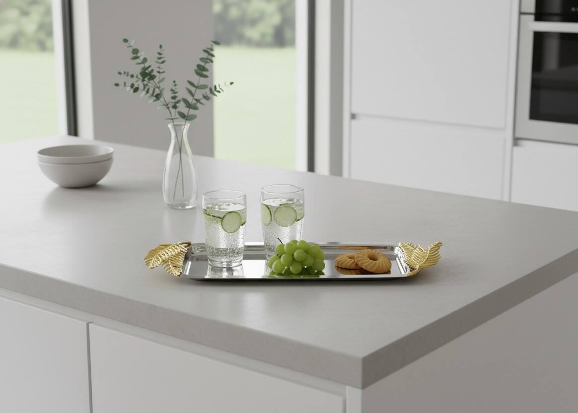 Left. Jiallo - Aurelia Leaf Rectangular tray w/gold fern: 21.5x7.5" - Silver /Gold.