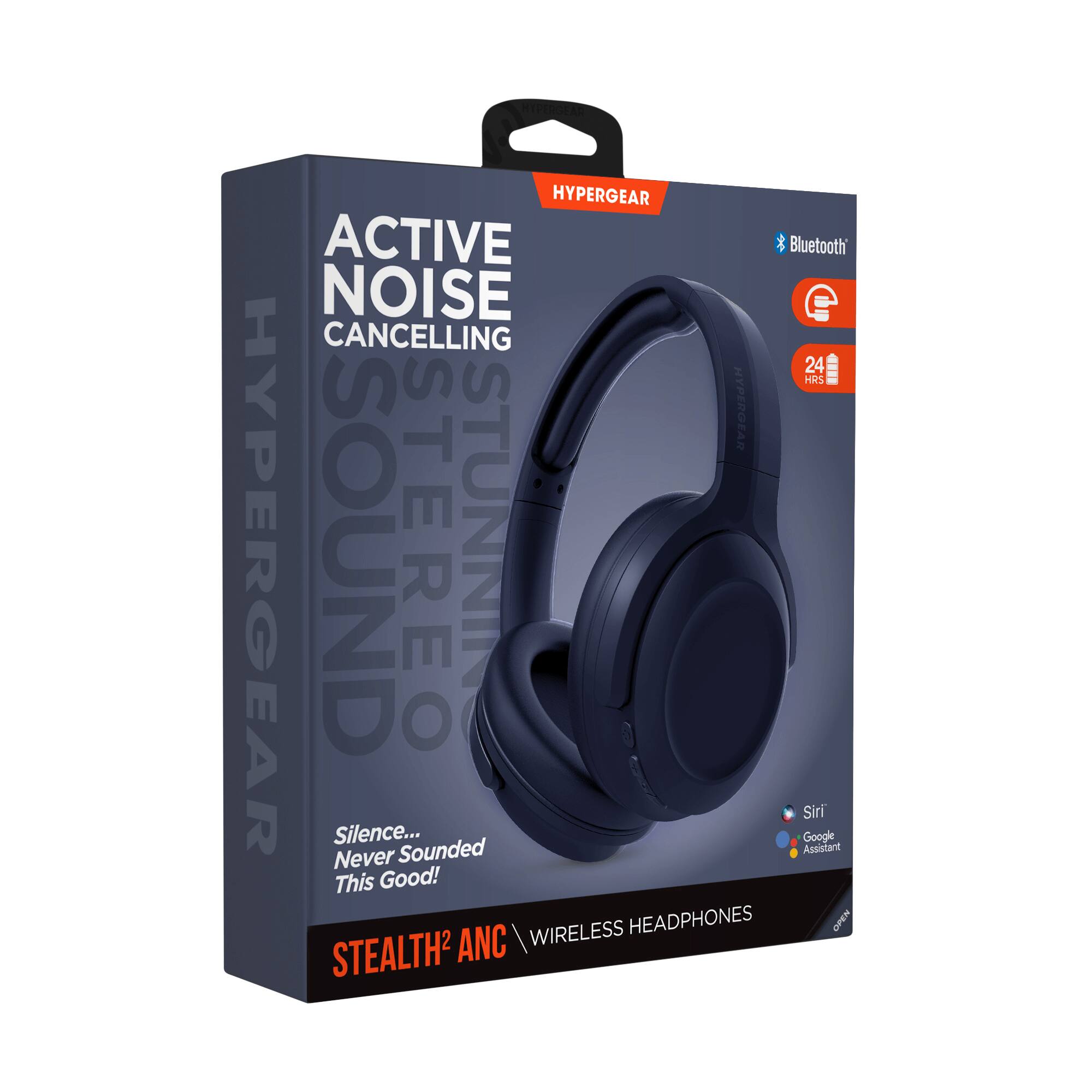 HYPERGEAR ACTIVE NOISE CANCELLING 24 HRS HYPERGEAR SOUND STEREO STUNNING SOUNDS TUNING TECHNOLOGY Siri Silence... Never Sounded This Good! WIRELESS HEADPHONES OPEN STEALTH2 ANC