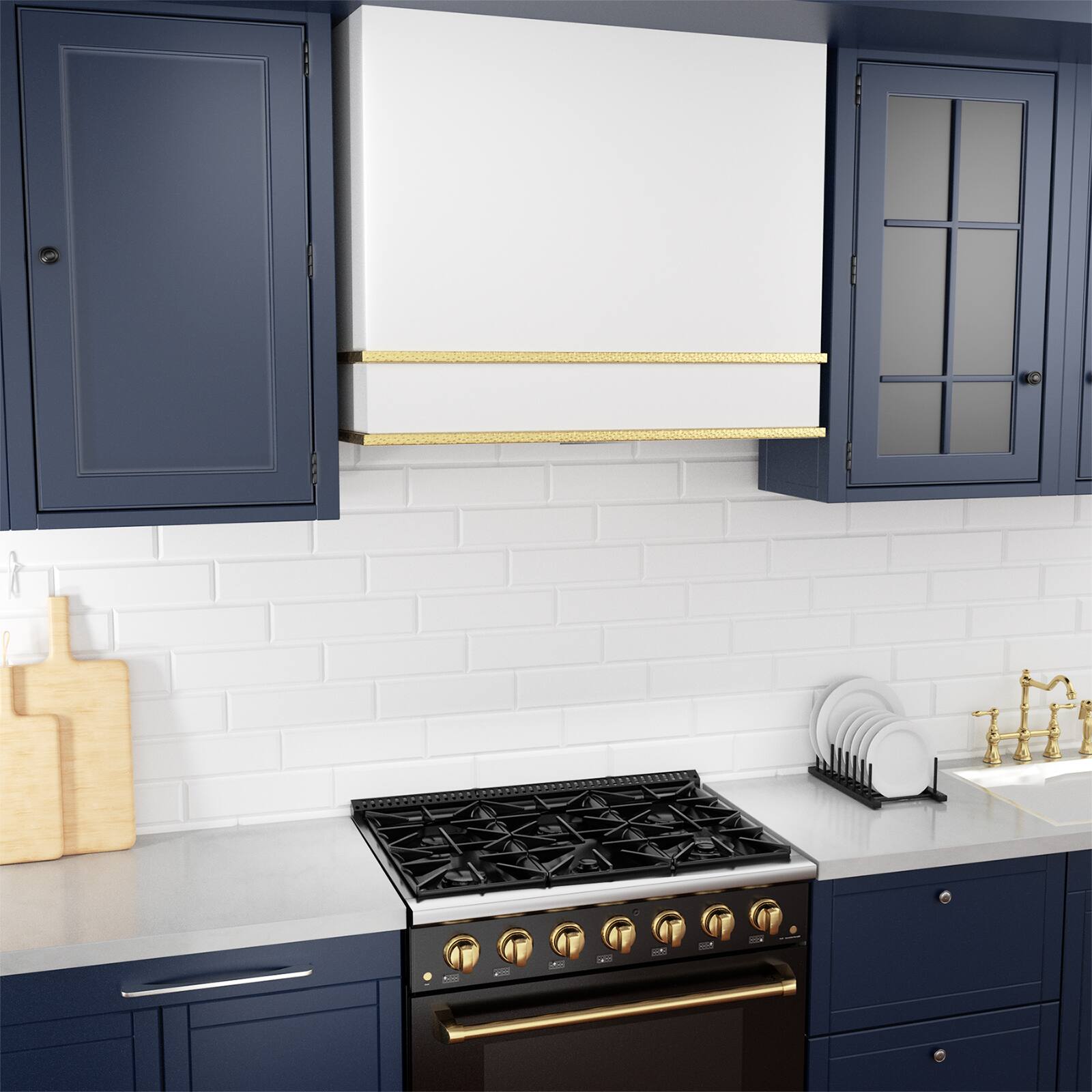 Alt View 4. Akicon - Akicon 36 in Stainless Steel Range Hood with Powerful Vent Motor, 600 CFM, 3 Speed, Wall Mount, in White with Gold - White with Gold.