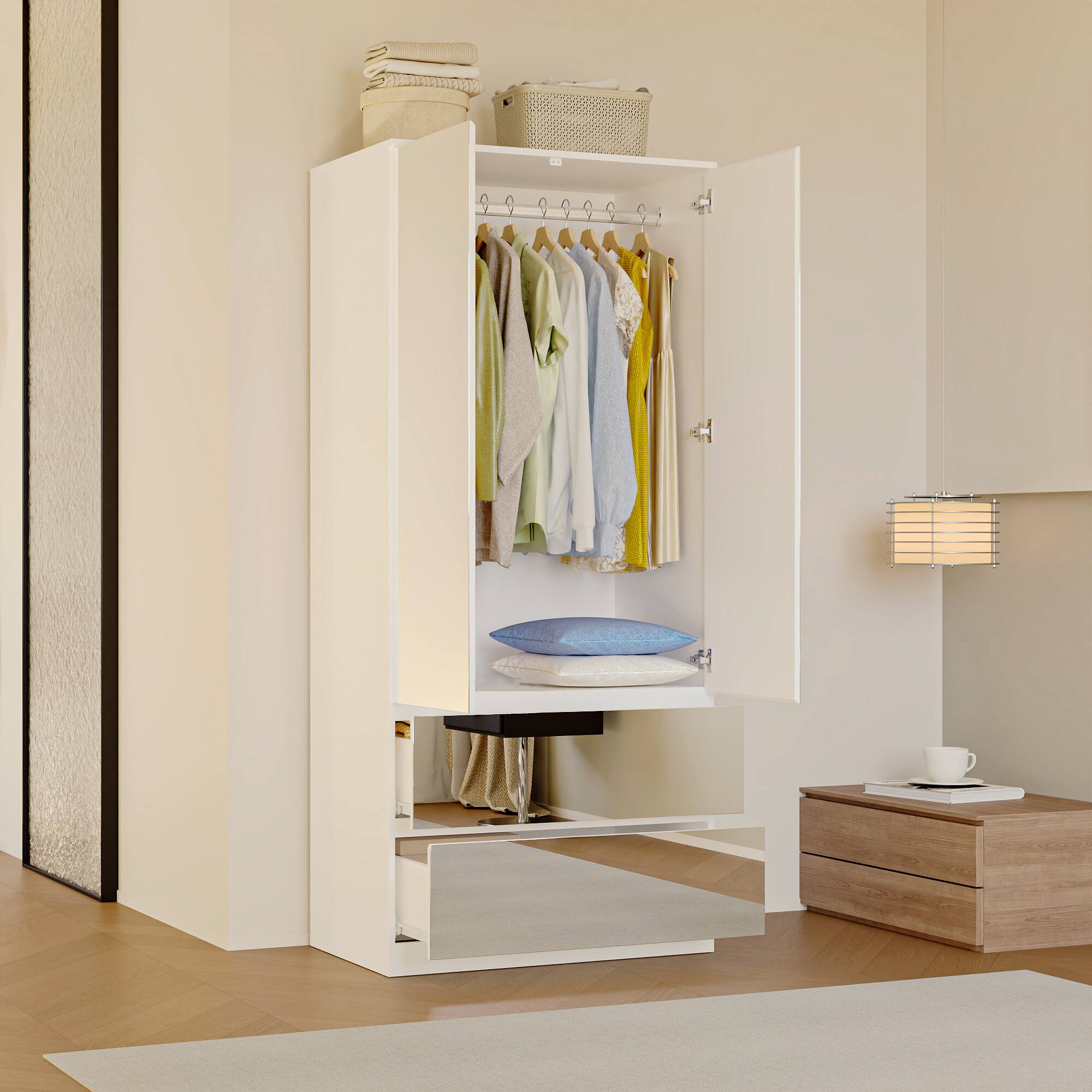 Back. FUFU&GAGA - FUFU&GAGA Mirrored Wardrobe with Drawers & Anti - Tip Hardware - White.