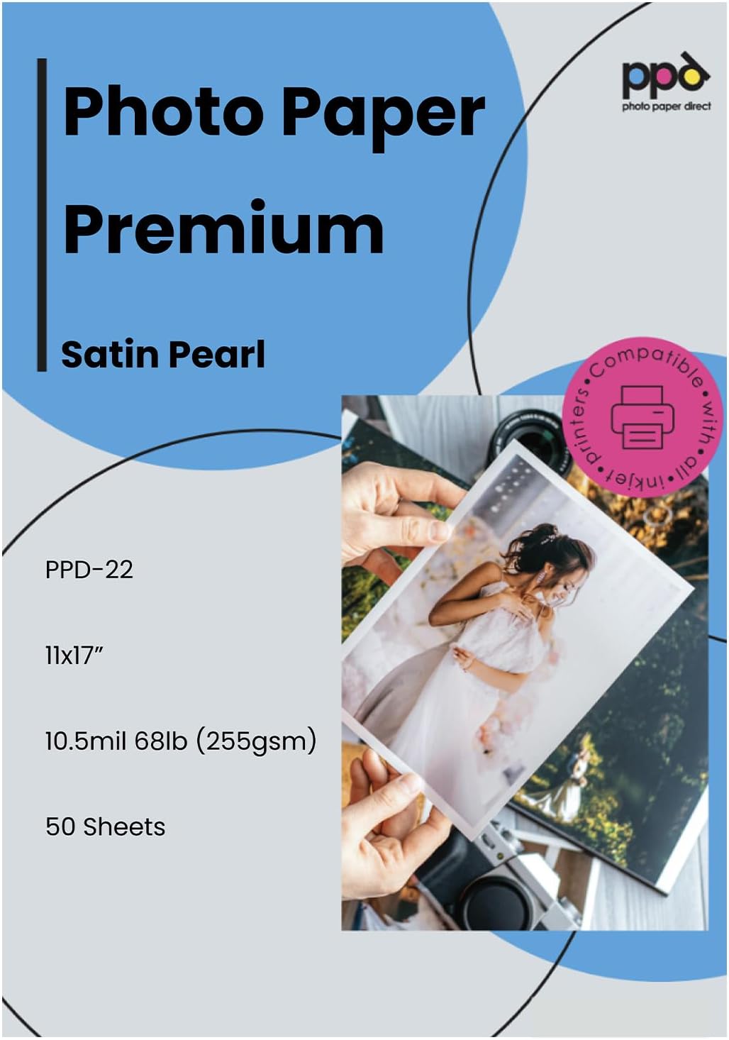 Photo Paper Premium  
Satin Pearl  

PPD-22  
11x17"  
10.5mil 68lb (255gsm)  
50 Sheets  

Compatible with all inkjet printers  

ppd  
photo paper direct