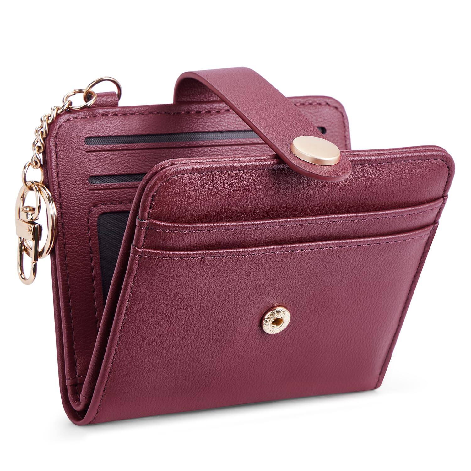 Jadie Link - Slim Wallet Women Rfid Blocking Bifold Credit Card Holder Zipper Pocket Window Keychain Large Capacity Card Holder Slim - 2A-PU Leather-Purplish Red