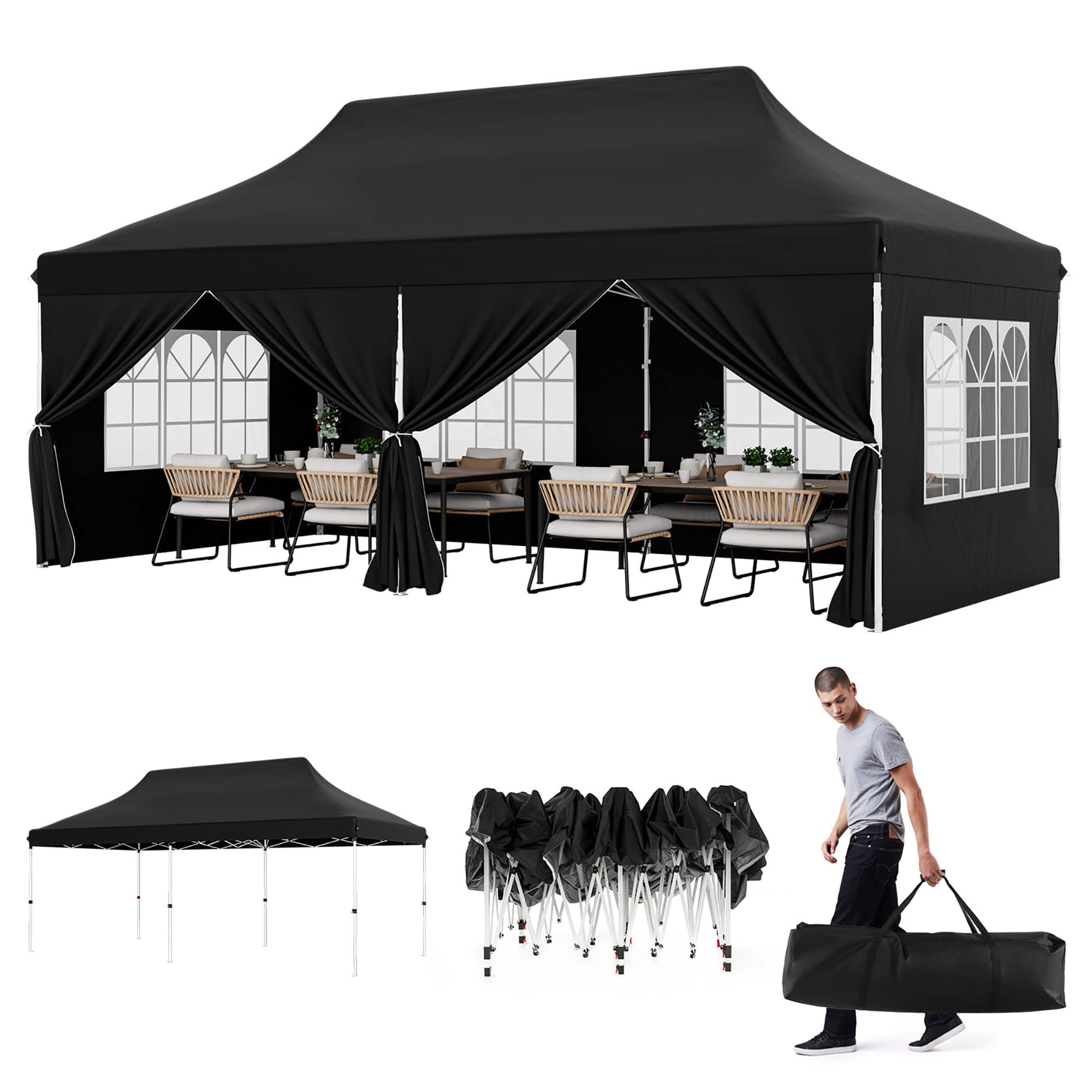 Gymax - 10 x 20 FT Canopy w/ 6 Detachable Sidewalls Carrying Bag UPF50+ Sun Protection - Black