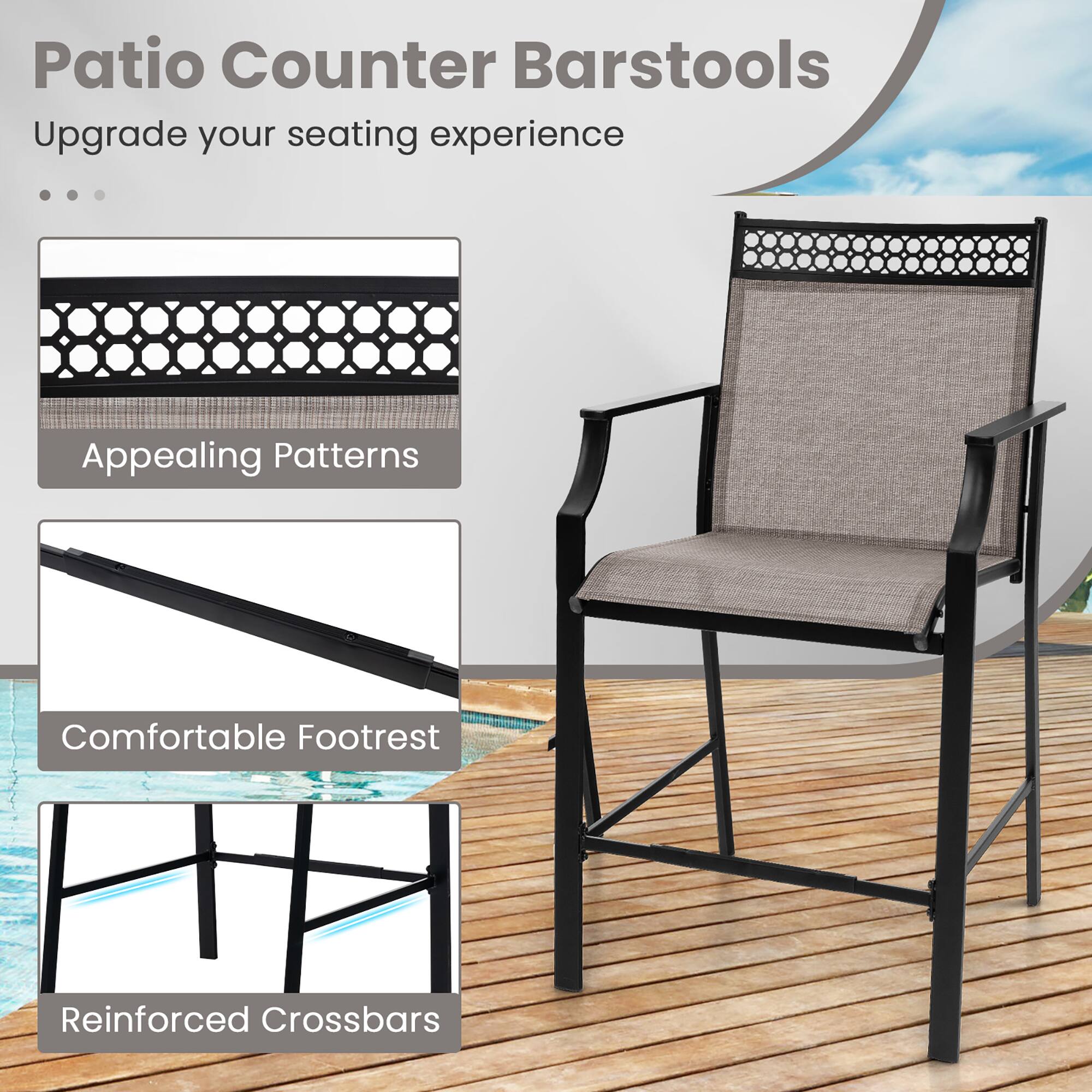 Patio Counter Barstools  
Upgrade your seating experience  

Appealing Patterns  
Comfortable Footrest  
Reinforced Crossbars