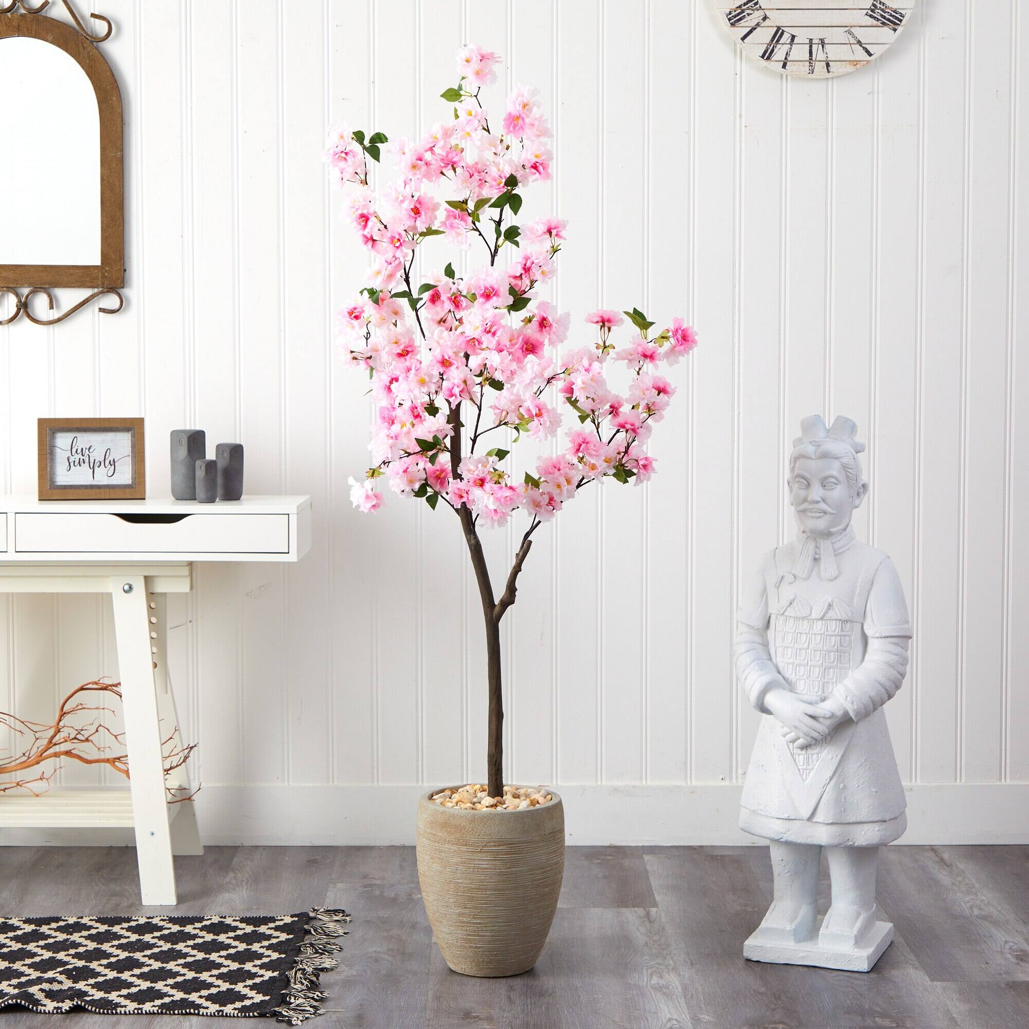Left. BreeBe - 5.5' Cherry Blossom Tree in Sand Colored Planter - Multicolor.