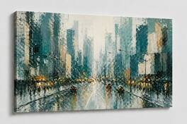 FC Design - Large Canvas 24x36" Abstract Cityscape Teal Urban Scene Art Painting Home Wall Décor - MultiColor