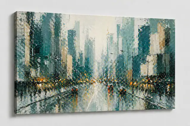 Front. FC Design - Large Canvas 24x36" Abstract Cityscape Teal Urban Scene Art Painting Home Wall Décor - MultiColor.