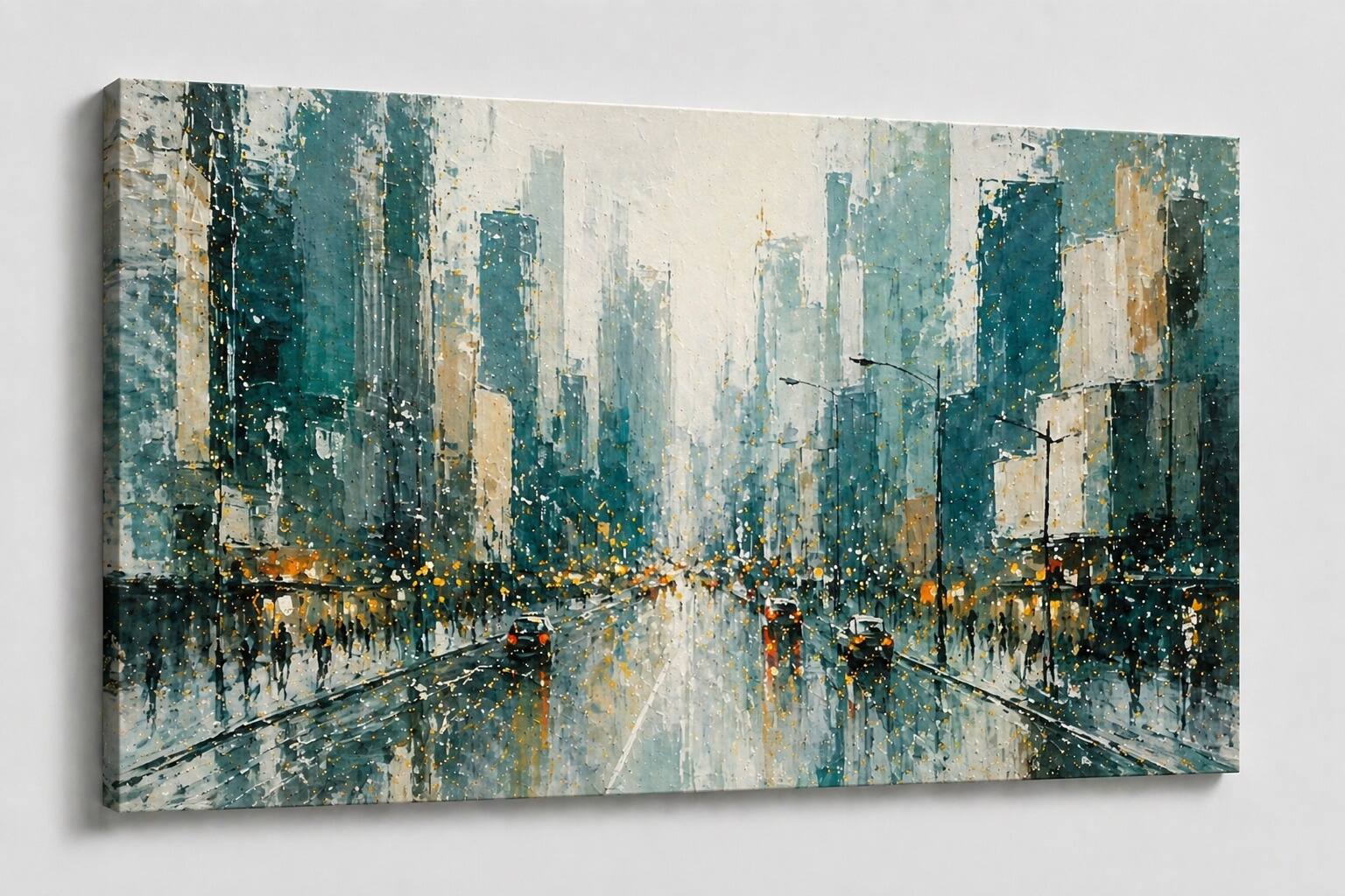 Front. FC Design - Large Canvas 24x36" Abstract Cityscape Teal Urban Scene Art Painting Home Wall Décor - MultiColor.