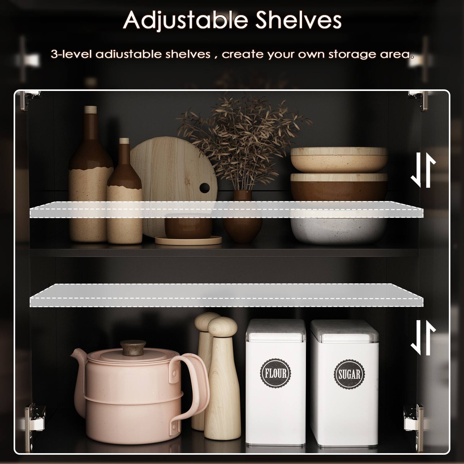 Adjustable Shelves, 3-level adjustable shelves, create your own storage area. 1L FLOUR, 1L SUGAR