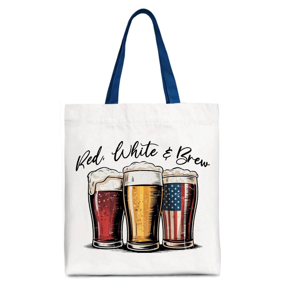 OrnamentallyYou - Red White and Brew Beer American Tote Bag, Patriotic USA 4th of July Gift Shopper - White Navy