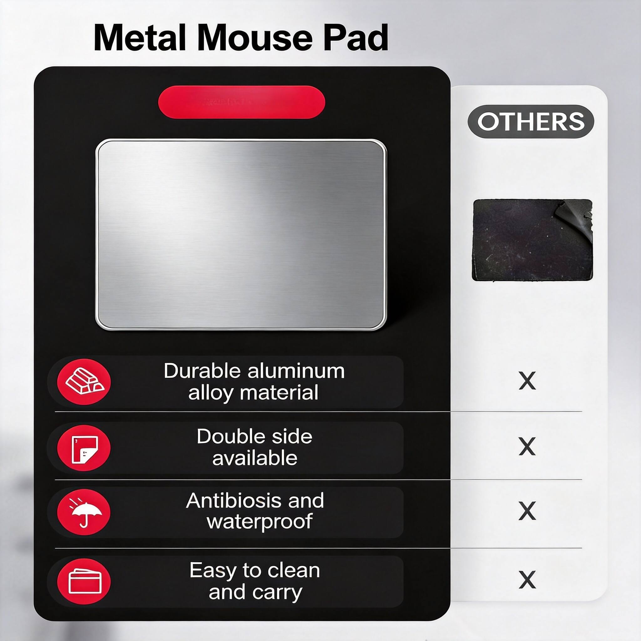 Metal Mouse Pad

- Durable aluminum alloy material
- Double side available
- Antibiosis and waterproof
- Easy to clean and carry