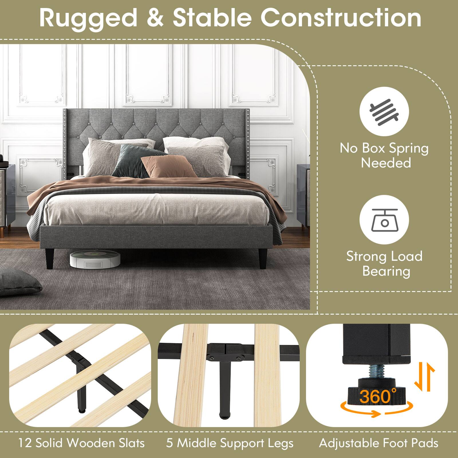 Rugged & Stable Construction
No Box Spring Needed
Strong Load Bearing
12 Solid Wooden Slats
5 Middle Support Legs
Adjustable Foot Pads