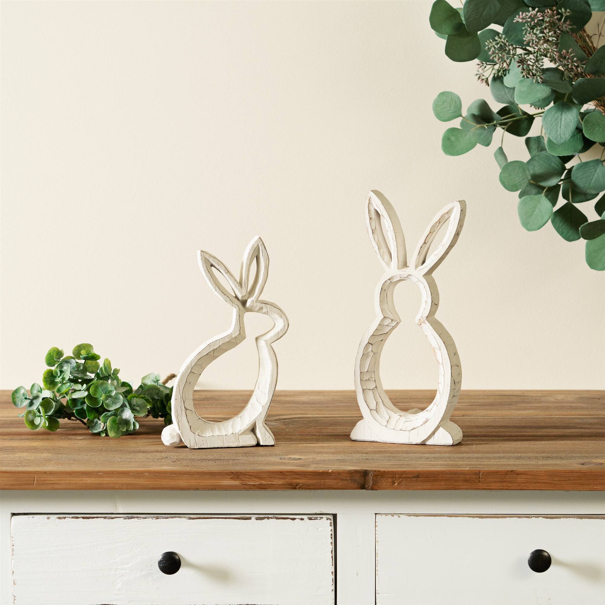 Back. BreeBe - Carved Stone Bunny Outline Decor (Set of 2) - White, Grey.