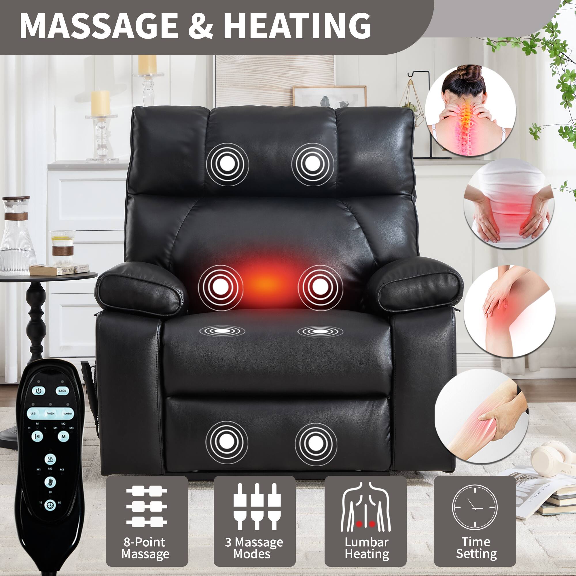 MASSAGE & HEATING

- 8-Point Massage
- 3 Massage Modes
- Lumbar Heating
- Time Setting