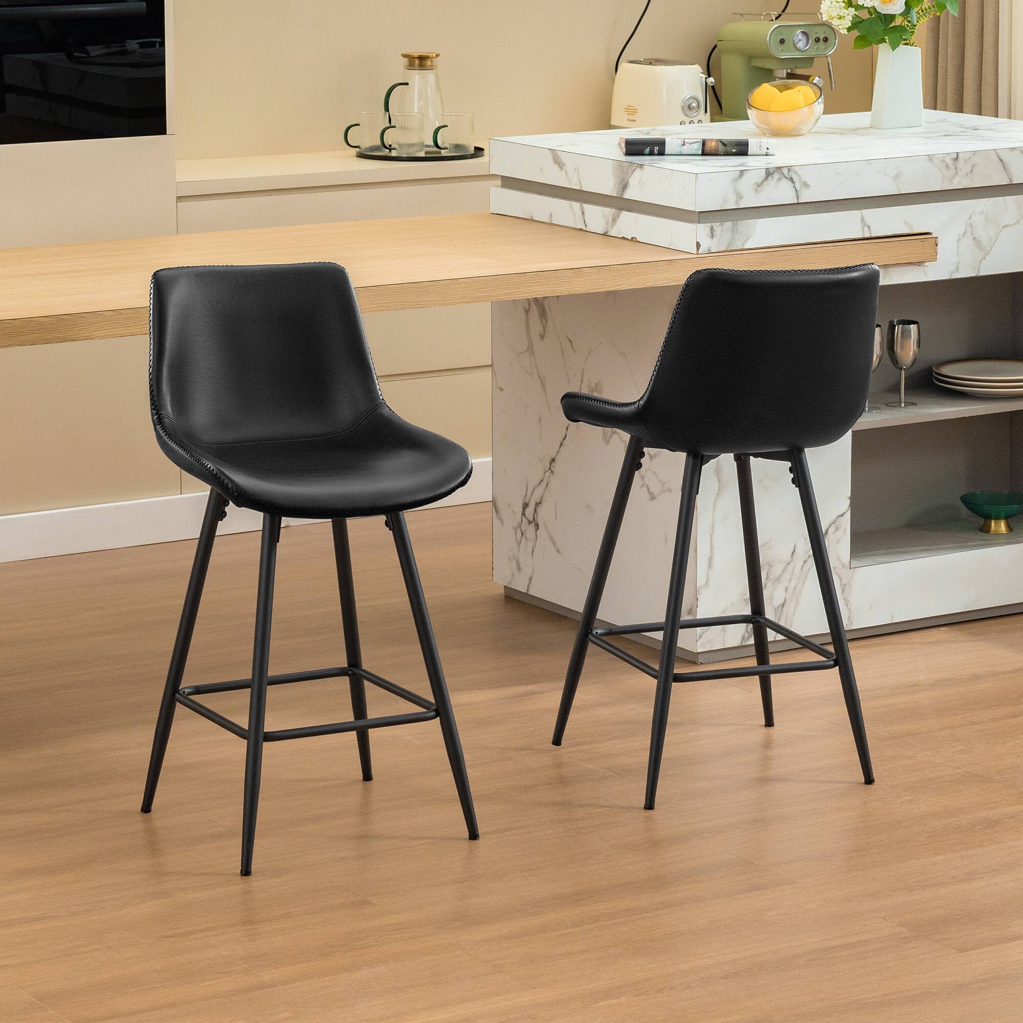 Alt View 6. KERDOM - Bar Stools Set of 2, Vintage High Island Chairs for Home Pub, Tall Dining Chair 24/28 inches Height Coffee Counter Stool - Black - 24'' Height.