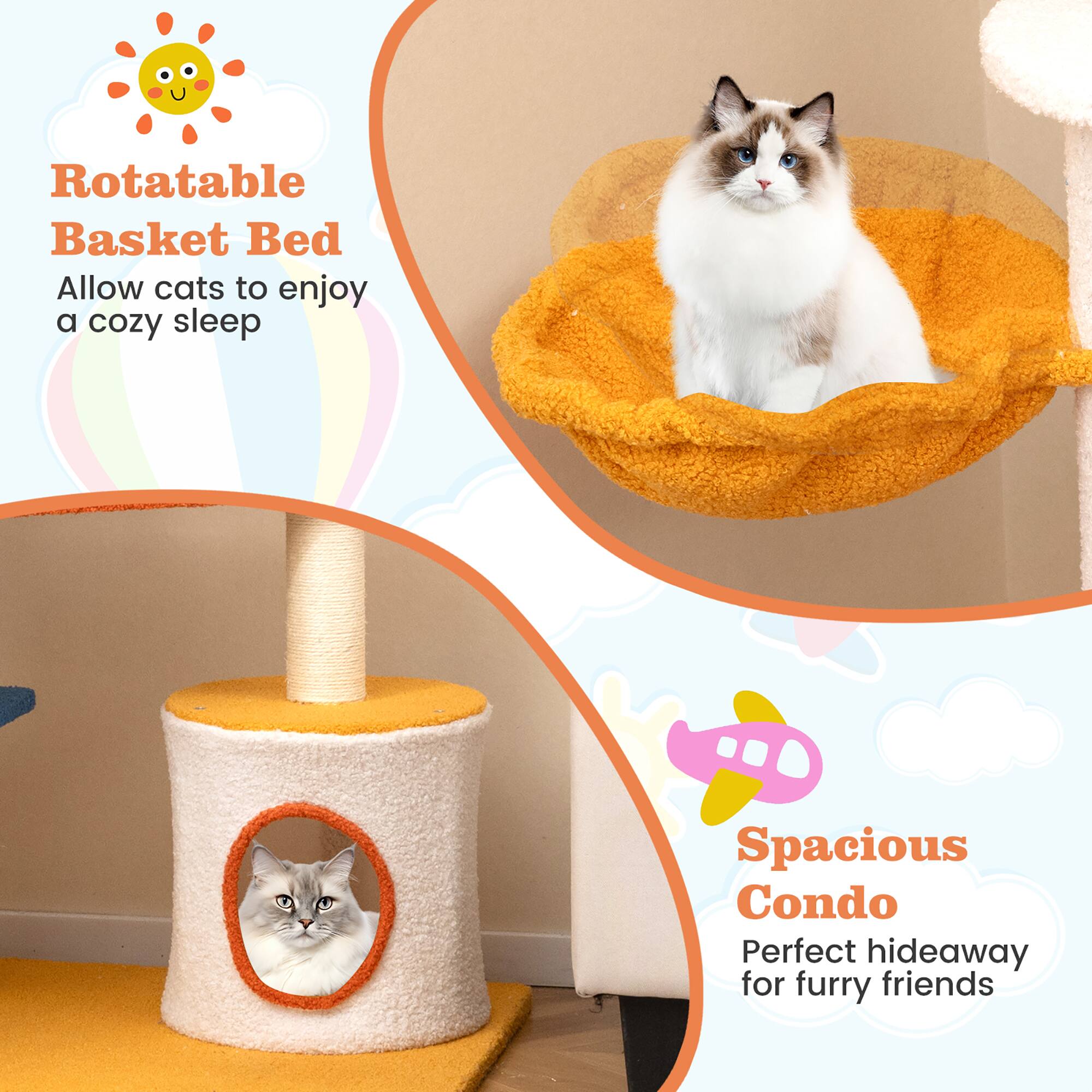 Rotatable Basket Bed  
Allow cats to enjoy a cozy sleep  

Spacious Condo  
Perfect hideaway for furry friends