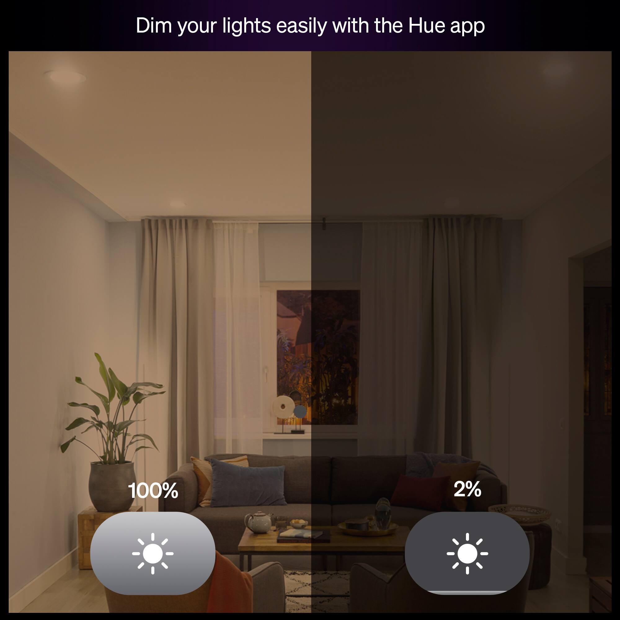 Dim your lights easily with the Hue app

100%

2%