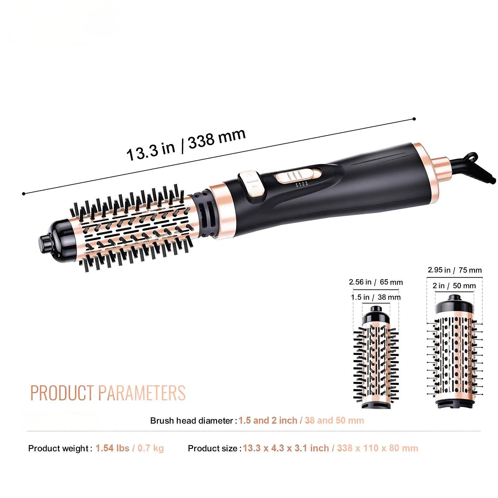Sure, here is the corrected and grouped text:

---

**PRODUCT PARAMETERS**

- **Brush head diameter:** 1.5 and 2 inch / 38 and 50 mm
- **Product weight:** 1.54 lbs / 0.7 kg
- **Product size:** 13.3 x 4.3 x 3.1 inch / 338 x 110 x 80 mm

---

**Dimensions:**

- 13.3 in / 338 mm
- 2.56 in / 65 mm
- 1.5 in / 38 mm
- 2.95 in / 75 mm
- 2 in / 50 mm

---
