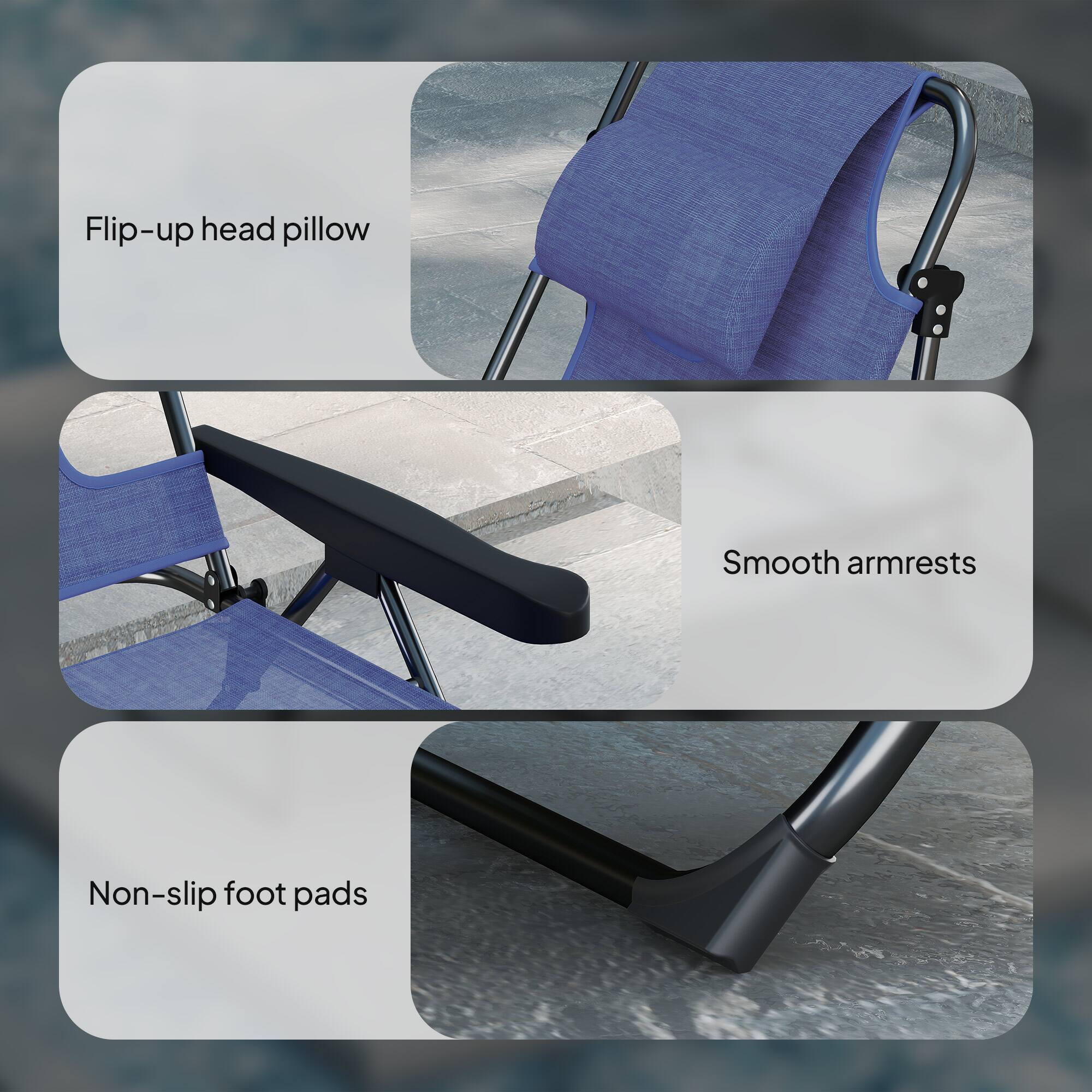 Flip-up head pillow, Smooth armrests, Non-slip foot pads