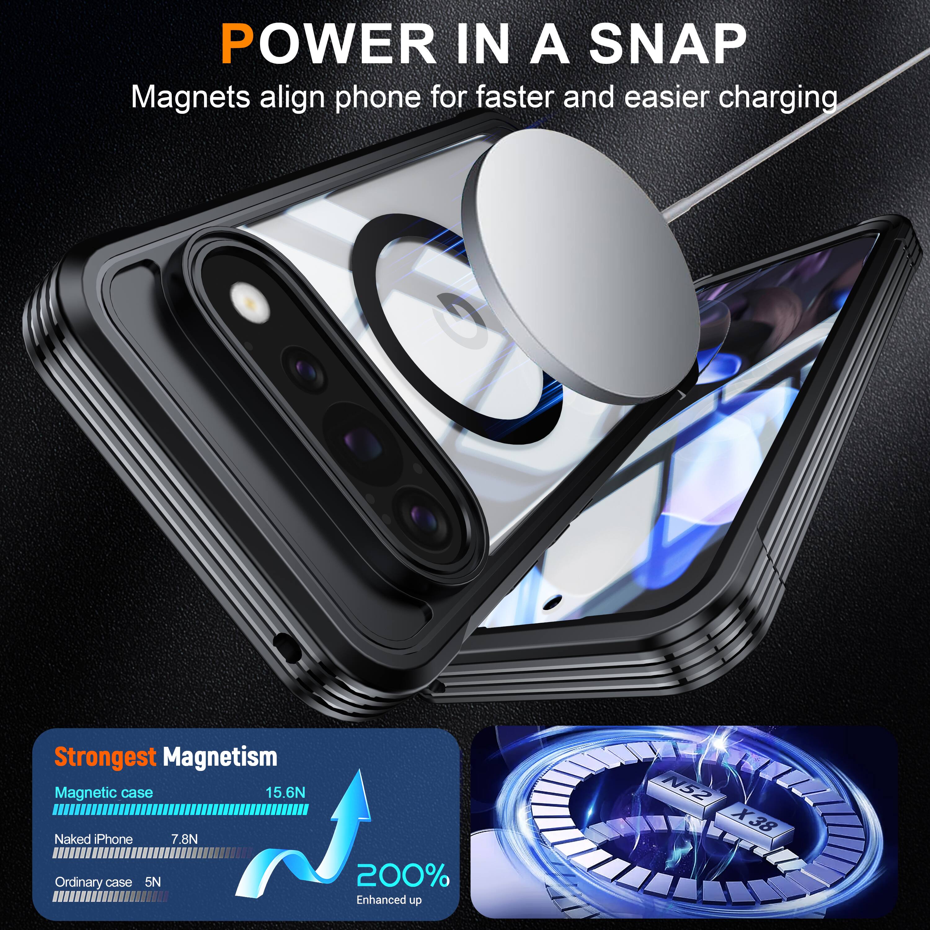 POWER IN A SNAP  
Magnets align phone for faster and easier charging

Strongest Magnetism  
Magnetic case 15.6N  
Naked iPhone 7.8N  
Ordinary case 5N  
200% Enhanced up  
N52 X38