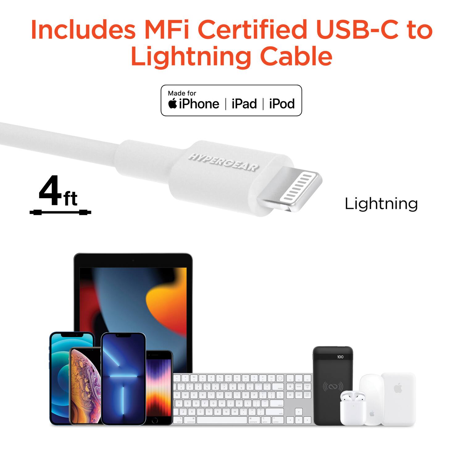 Includes MFi Certified USB-C to Lightning Cable

Made for iPhone | iPad | iPod

4 ft

Lightning