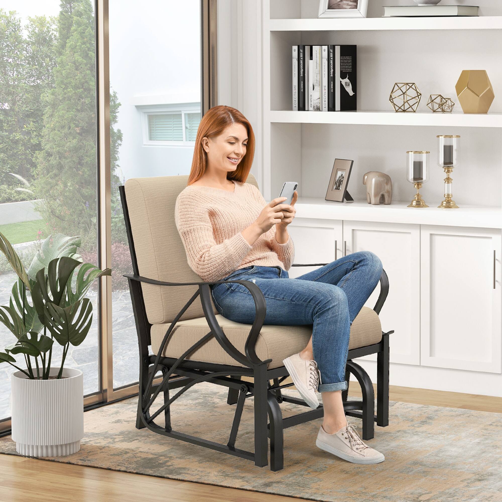 Alt View 3. Costway - Costway 2PCS Patio Rocking Chair with Cushion Heavy-Duty Metal Frame Smooth Glider Outdoor - Tan.