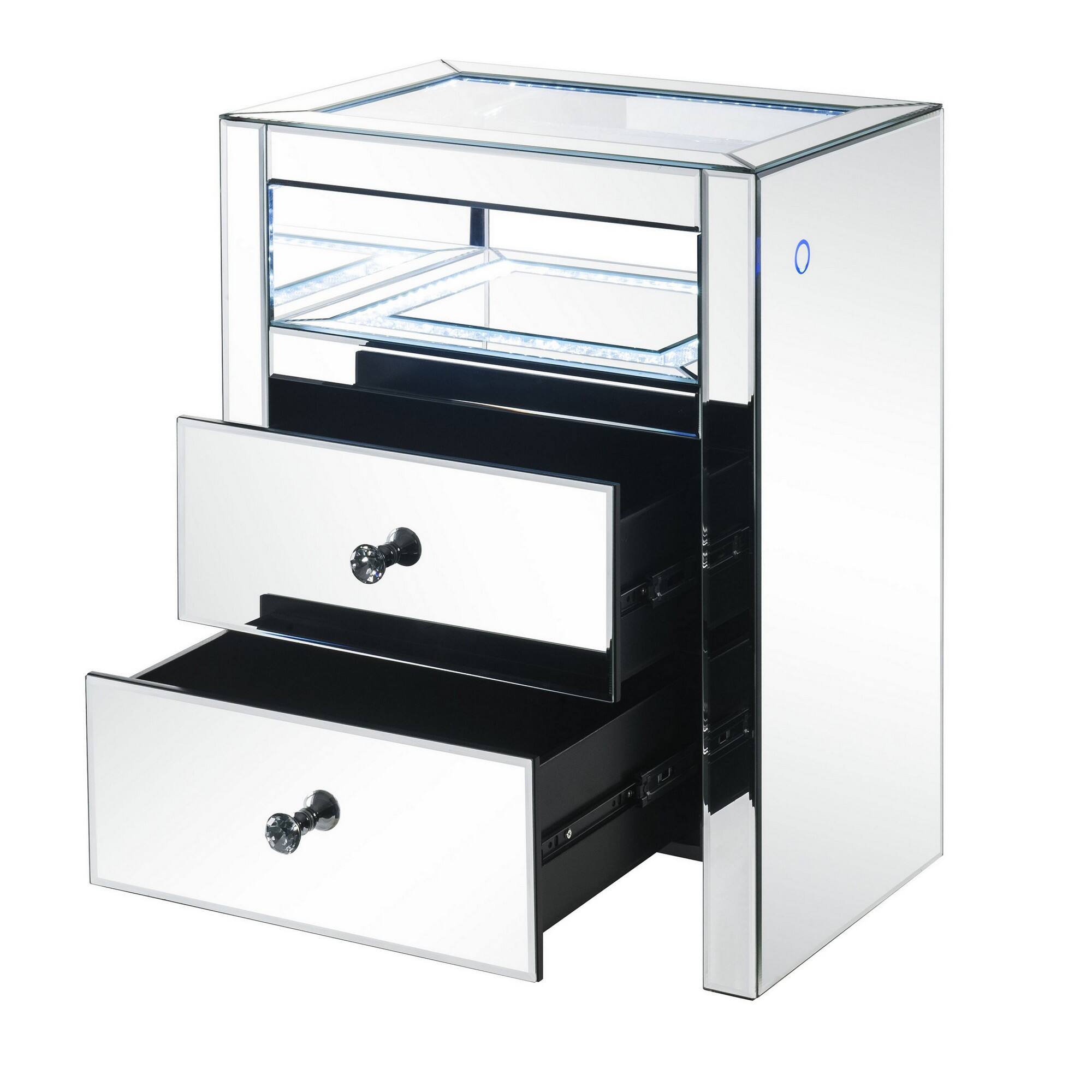 Alt View 2. Manhattan Lane - 2 Drawer Beveled Mirrored Accent Table with Glass Top and LED - Silver.