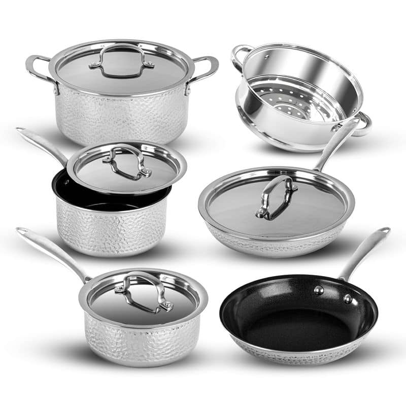 Granitestone - Stainless Steel Hammered 10 Piece Nonstick Ceramic Cookware Set - Silver